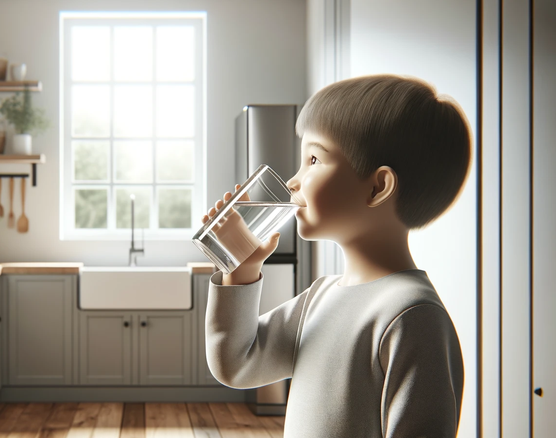 Child drinking healthy water in the kitchen