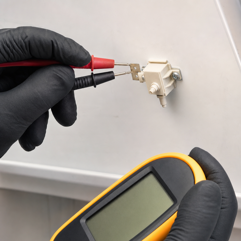 Technician's gloved hands using yellow digital multimeter to test washing machine lid switch terminals during appliance repair
