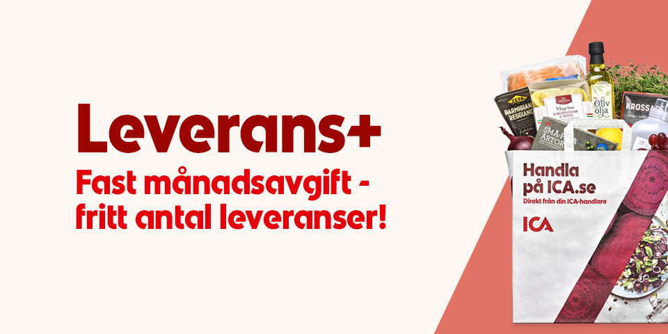 Kasse med matvaror och texten “Leverans+ Fast månadsavgift - fritt antal leveranser!