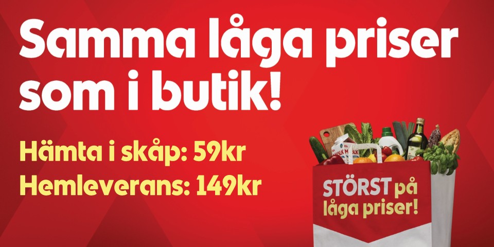 Samma låga priser som i butik! Hämta i skåp: 59 kr. Hemleverans: 149 kr. STÖRST på låga priser! MAXI ICA STORMARKNAD. Varor i en matkasse.