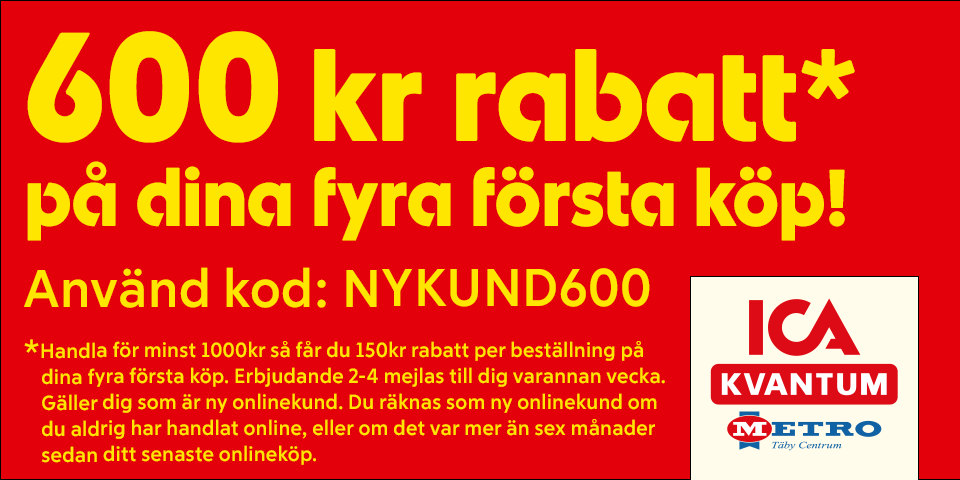 Bild som marknadsför butikens nykundserbjudande med rabatt på 600:- för 4 köp