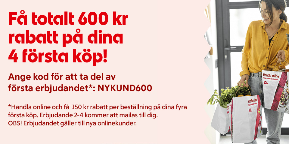 Bild som marknadsför butikens nykundserbjudande med rabatt på 600:- för 4 köp