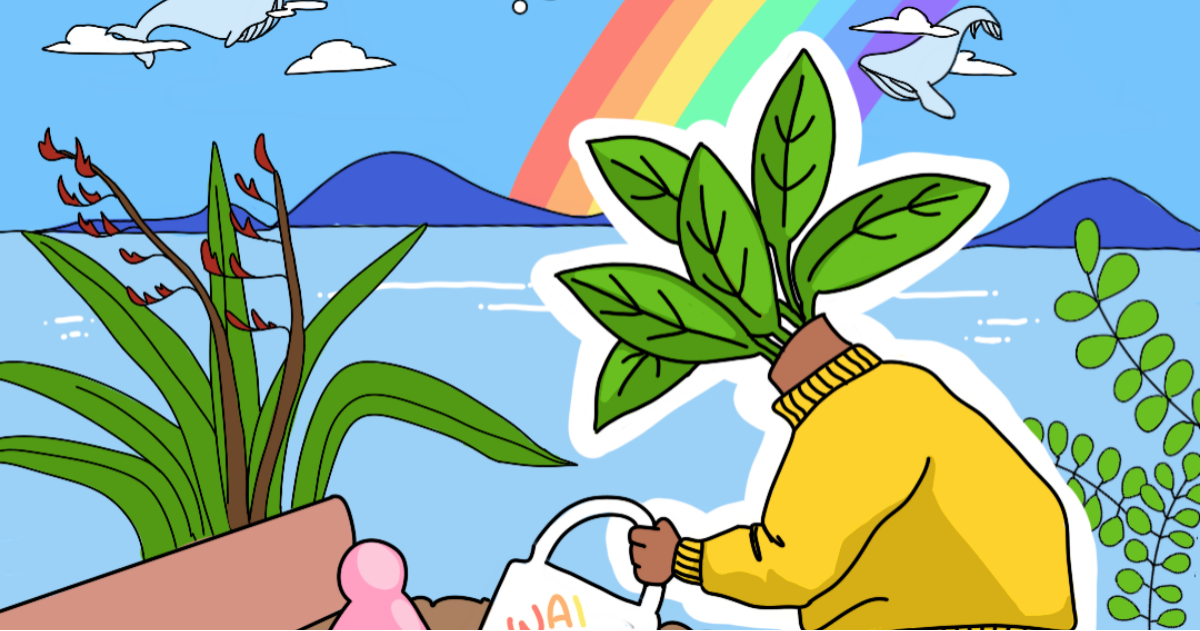 An illustration by artist Taylor Te Atarua showing a person (with a plant for a head) watering some small colourful figures growing from the soil. The watercan says 'wairua' on it, and the figures are 'tangata.' The scene is in front of a blue body of water with a background of islands, planets, floating whales and a giant rainbow. They are seated by native plants including harakeke.