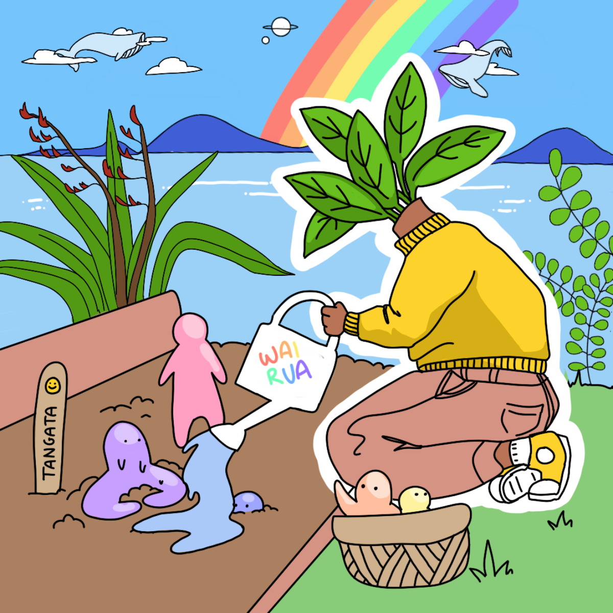 An illustration by artist Taylor Te Atarua showing a person (with a plant for a head) watering some small colourful figures growing from the soil. The watercan says 'wairua' on it, and the figures are 'tangata.' The scene is in front of a blue body of water with a background of islands, planets, floating whales and a giant rainbow. They are seated by native plants including harakeke.