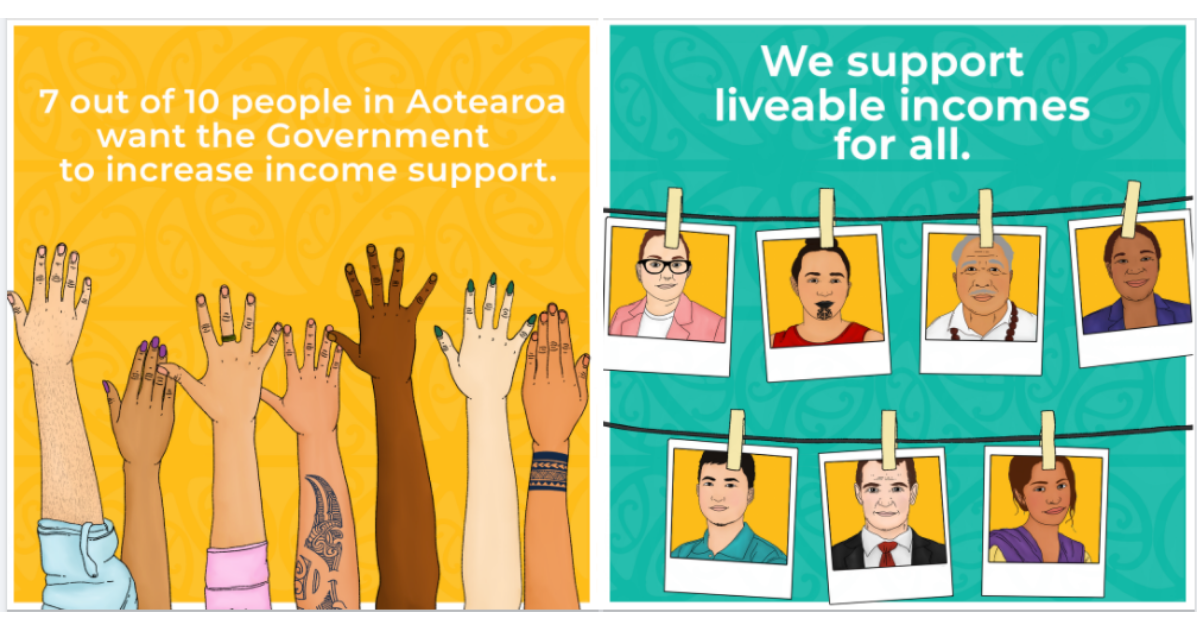 Two images side by side, on the left words ‘7 out of 10 people in Aotearoa want the government to increase income support’ and below are seven different arms holding their hands up on a yellow koru background. On the right the image is of polaroid pictures of seven diverse folks are in two horizontal lines next to the statement ‘We support liveable incomes for all’ on a turquoise background with koru designs on it.