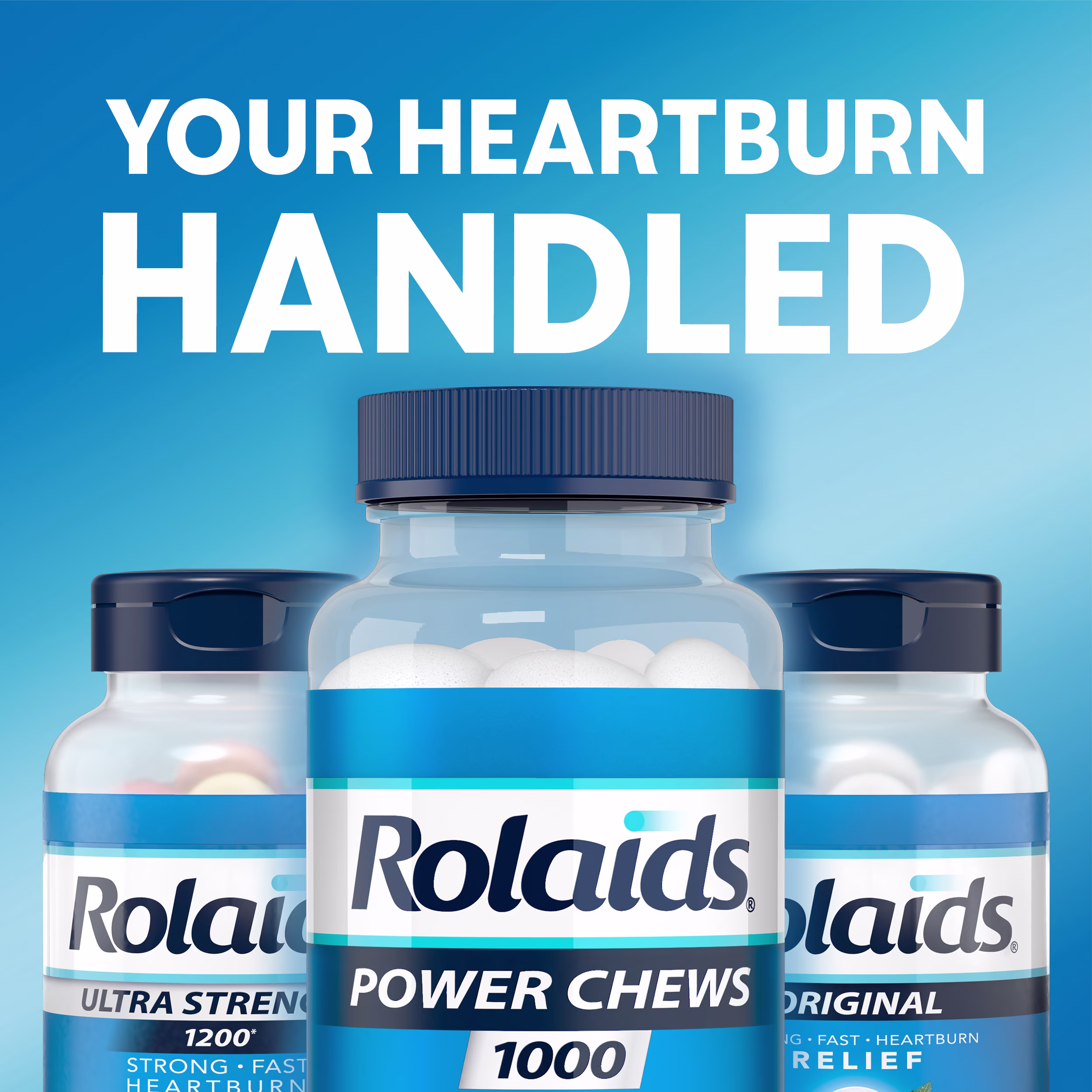 Three bottles of Rolaids antacids lined up under bold text that reads "Your Heartburn Handled."