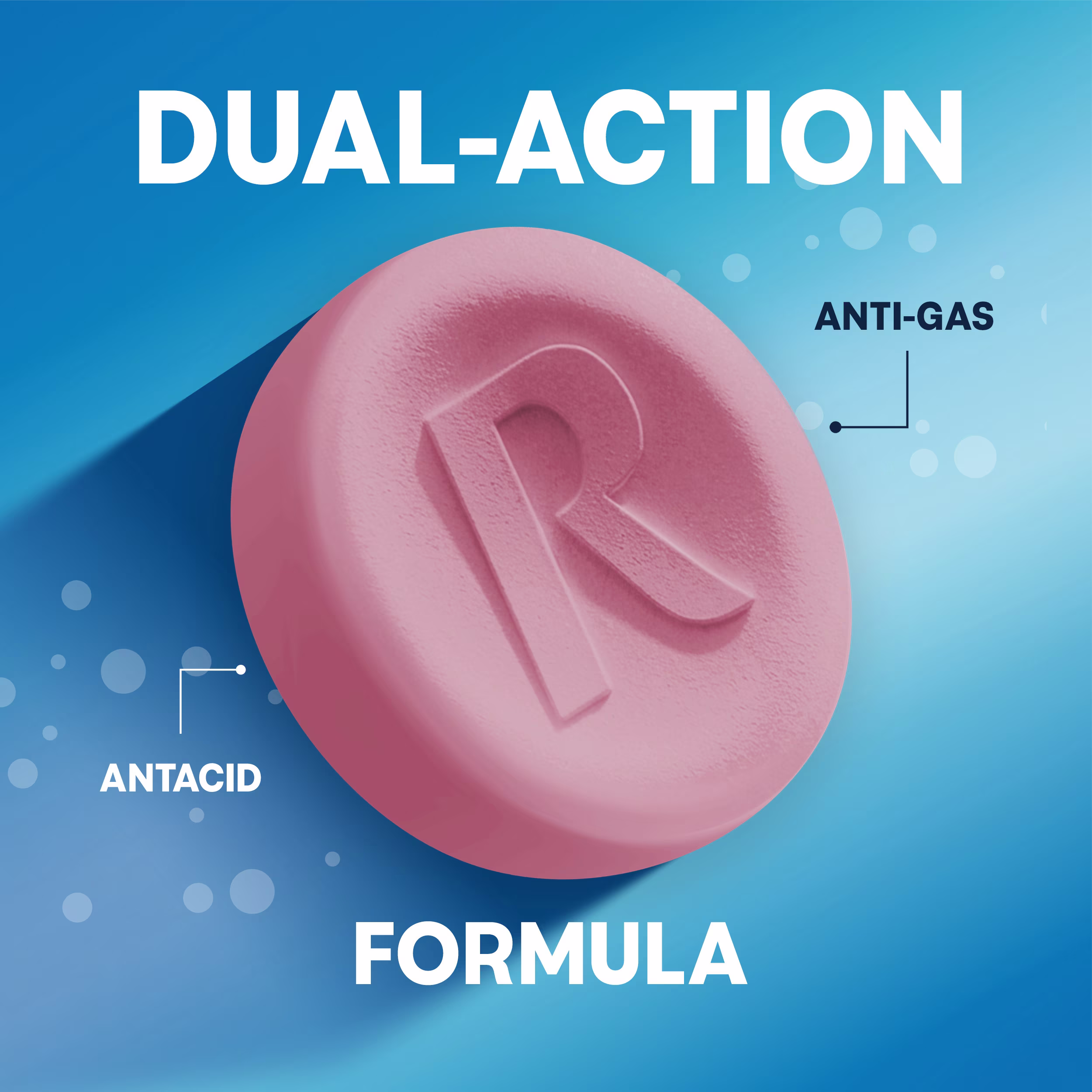 A large pink chewable tablet with pointers labeled "ANTACID" and "ANTI-GAS" under the headline "DUAL-ACTION FORMULA."