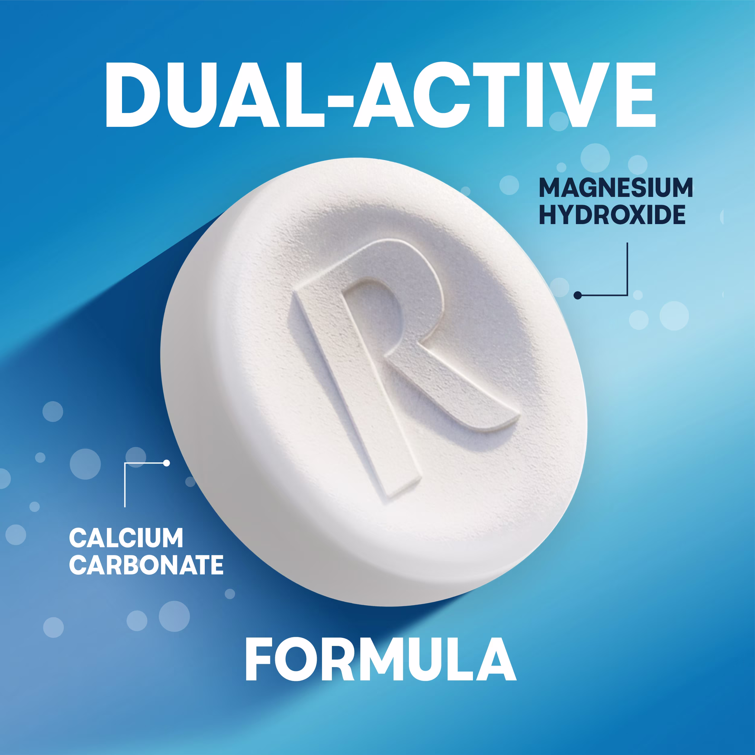 Graphic of a chewable tablet pointing out dual-active ingredients: Calcium Carbonate and Magnesium Hydroxide.
