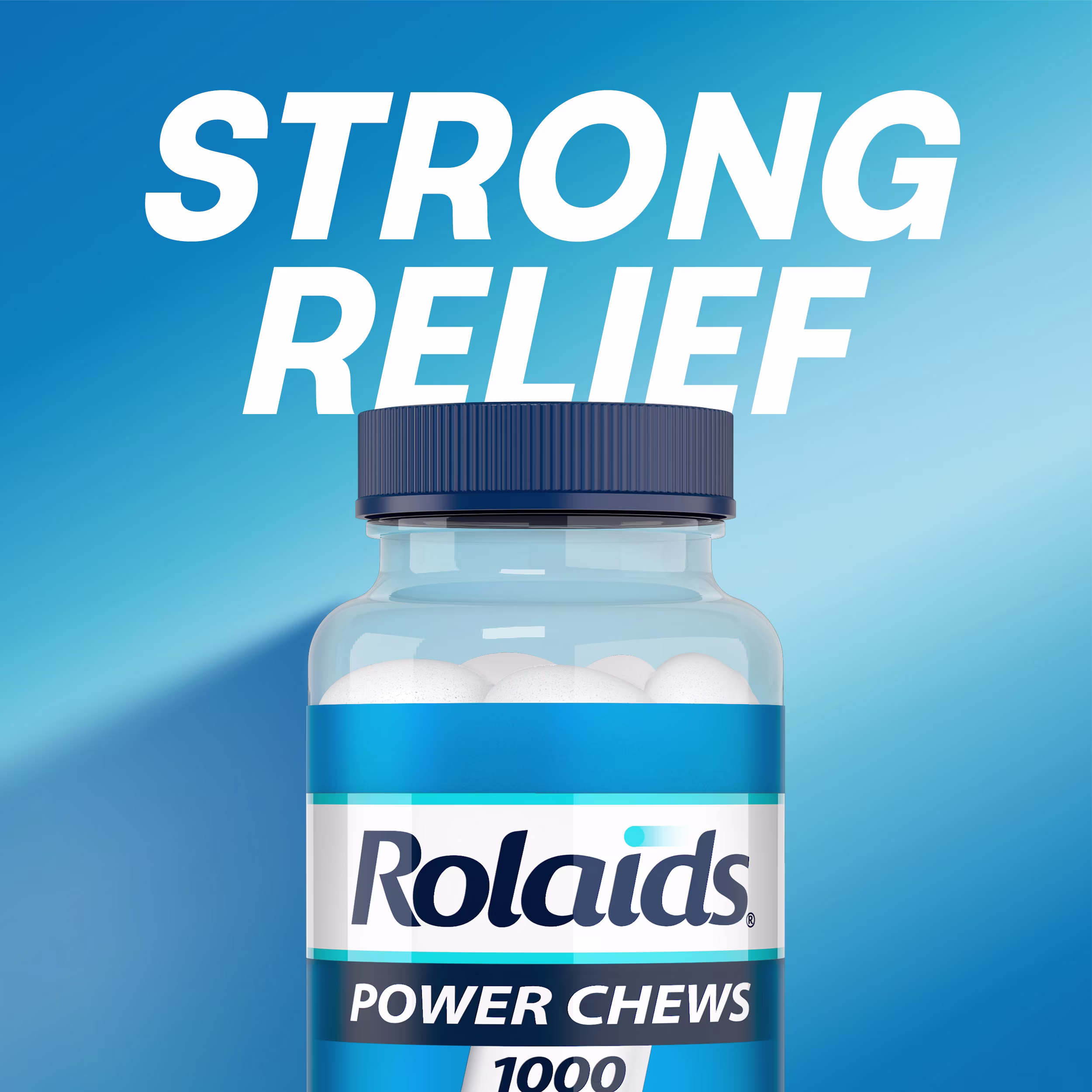 A bottle of Rolaids Power Chews 1000 on a blue background with text reading "Strong Relief."