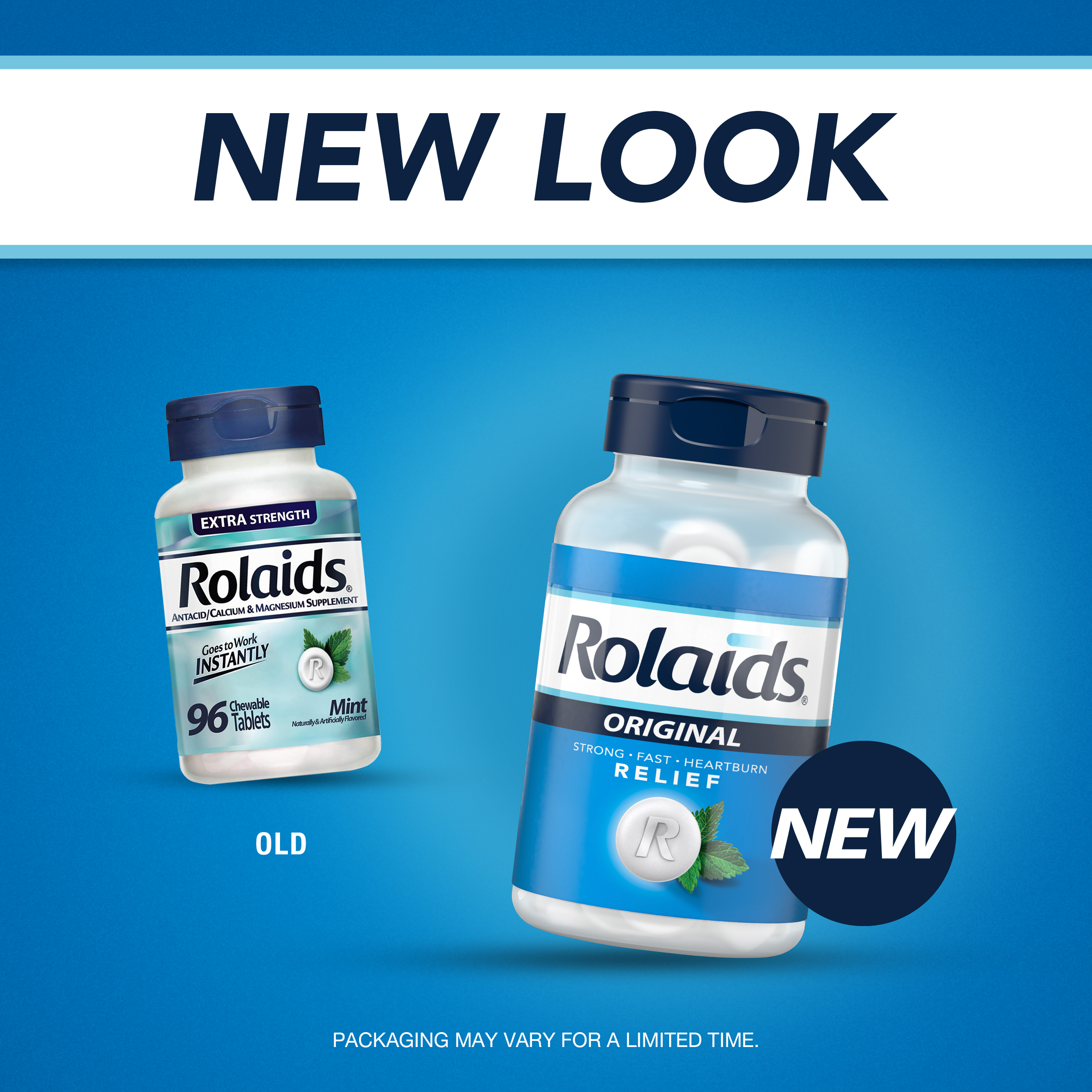 Old VS New packages on blue back ground with text "New Look"