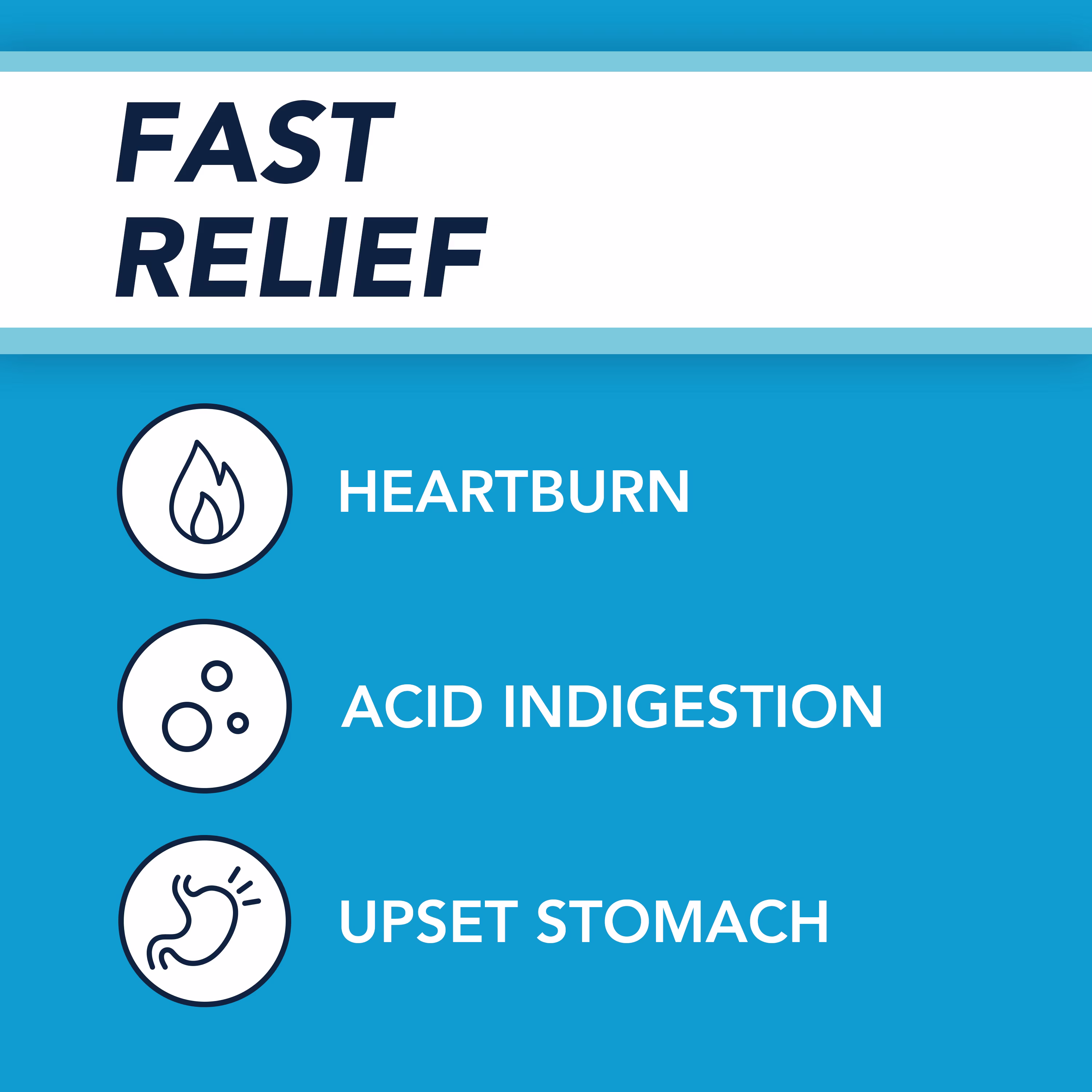 Text on white background "Fast Relief" and text "Heartburn, Acid Indigestion, Upset Stomach" with icons in white circle and blue outline on blue background.