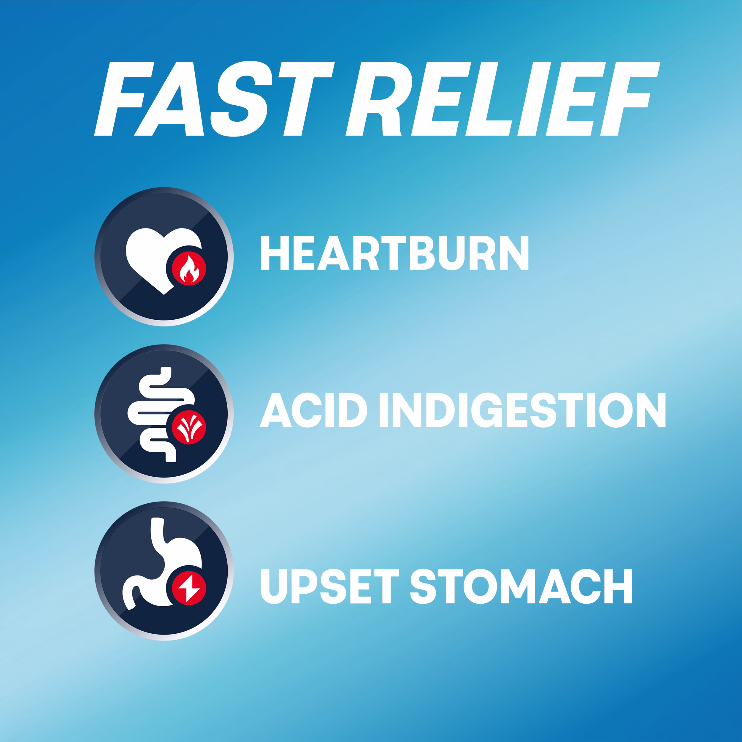 Graphic titled "Fast Relief" with icons for heartburn, acid indigestion, and upset stomach.