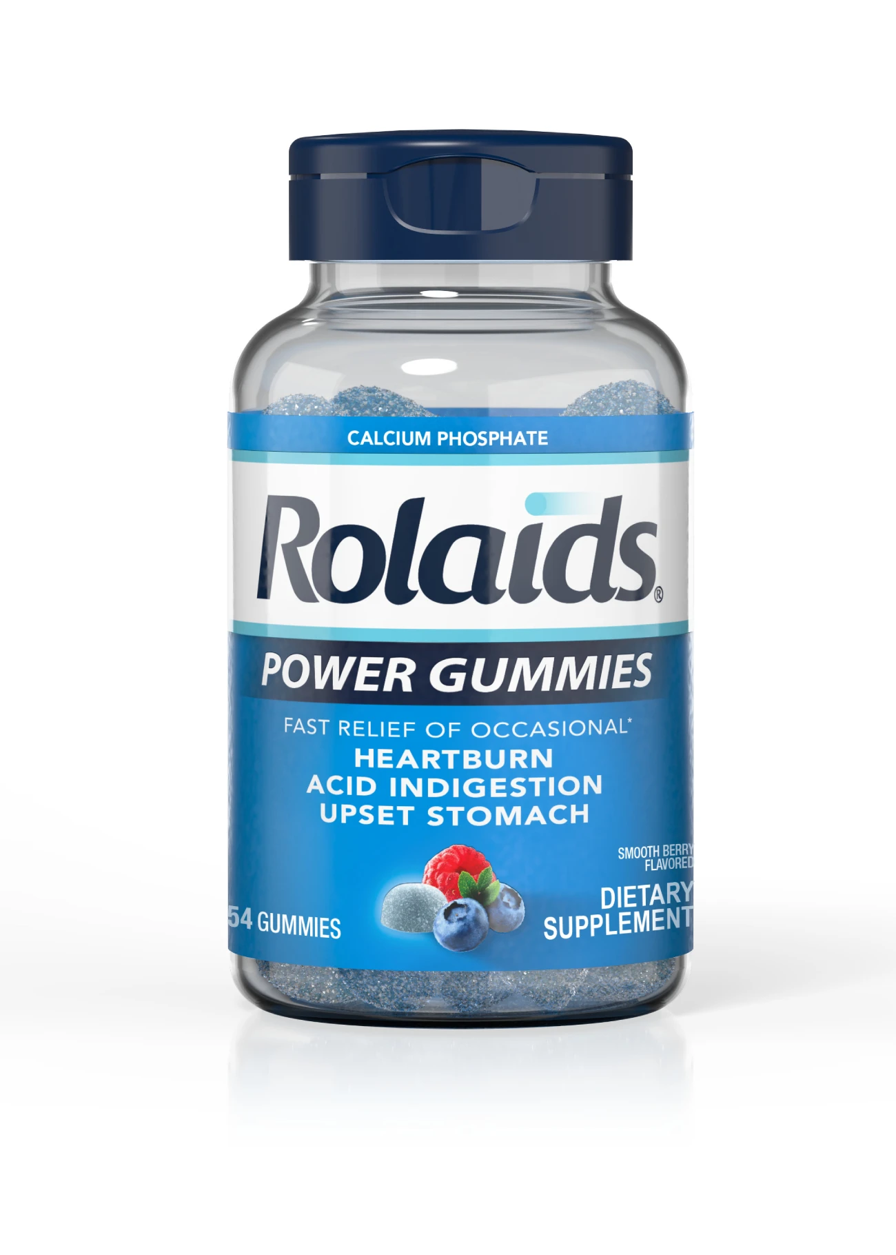 A bottle of 54 count Rolaids Power Gummies Smooth Berry flavoured on white background.