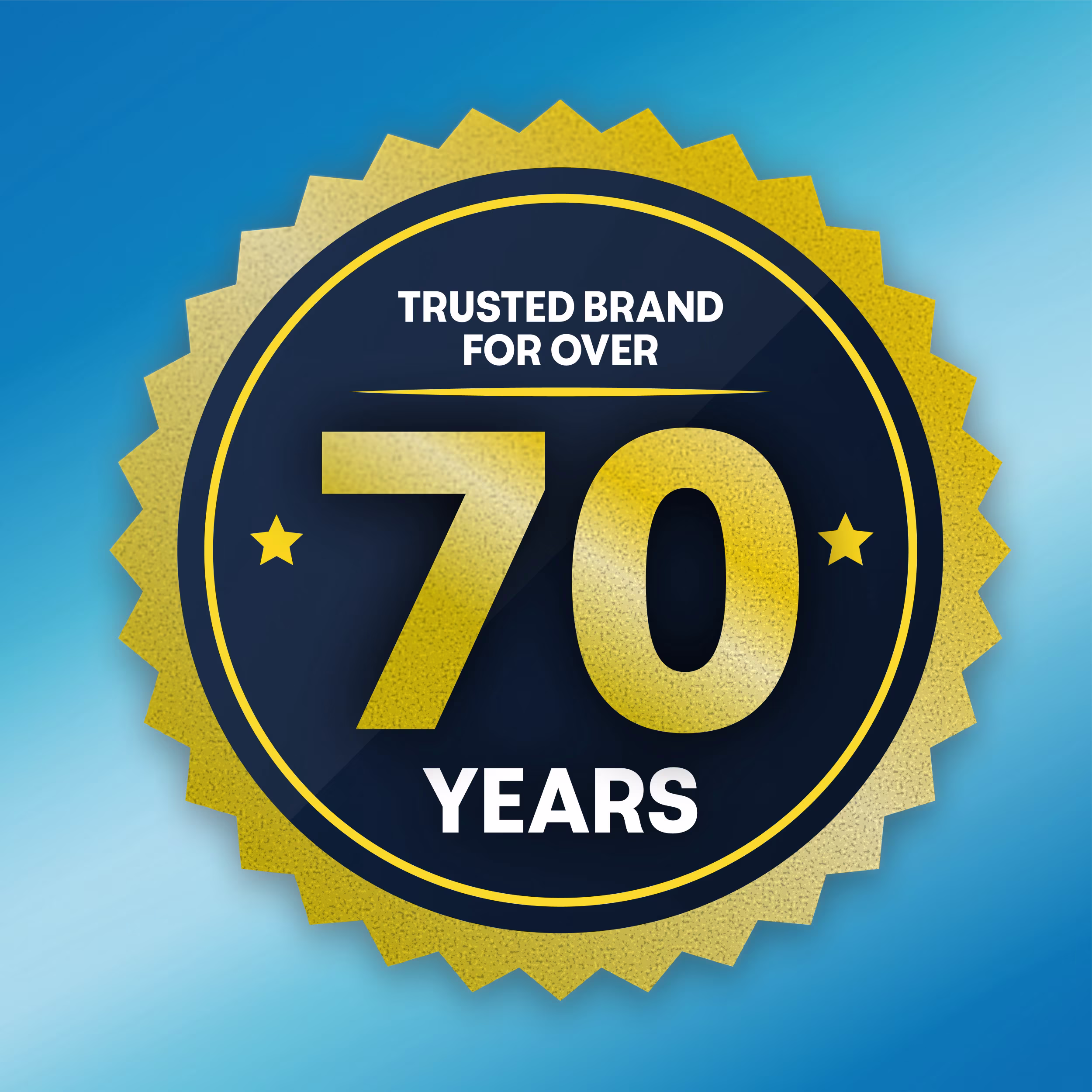 A gold seal badge on a blue background reading "Trusted Brand for Over 70 Years."