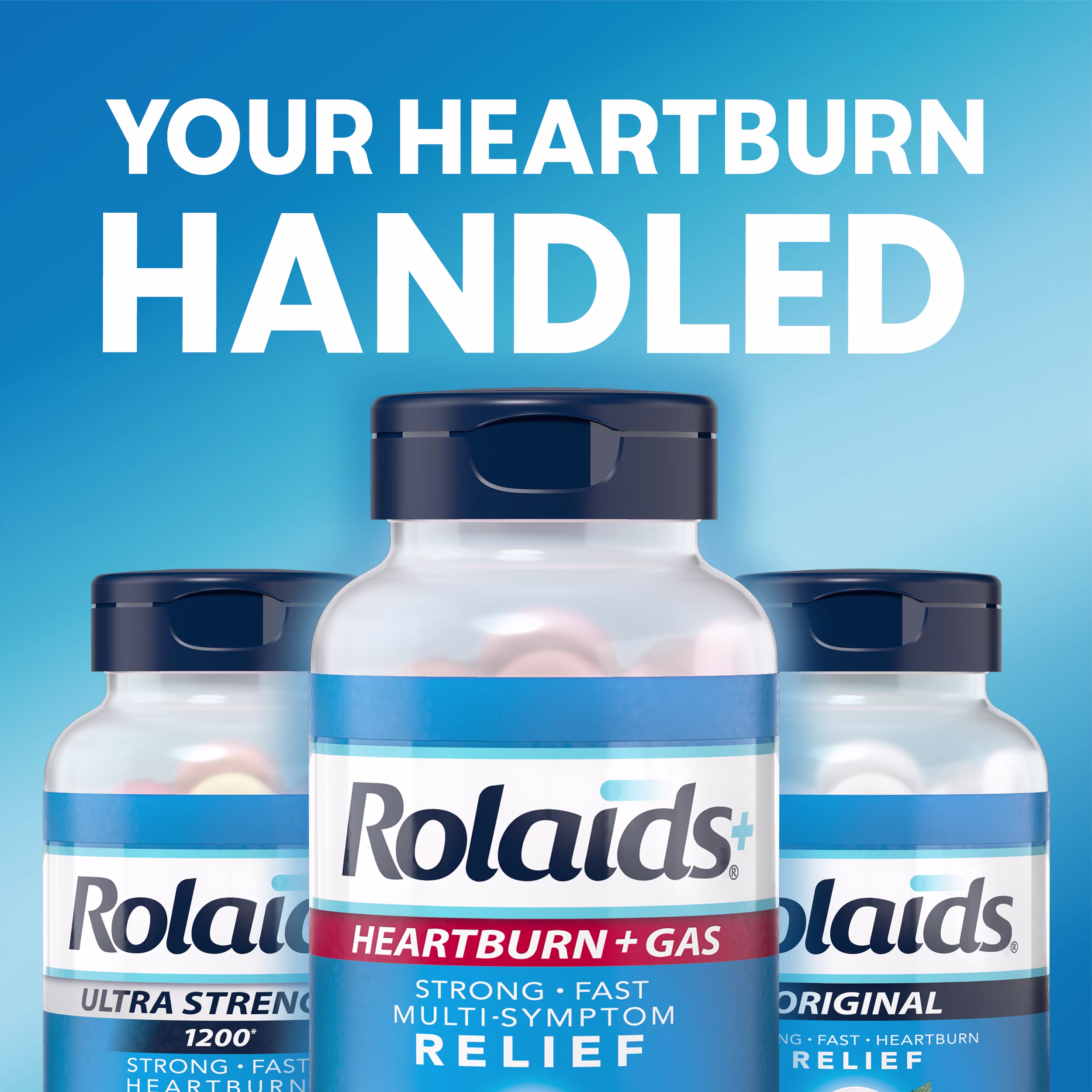 Three Rolaids Heartburn + Gas relief bottles with text 'Your Heartburn Handled' on blue background