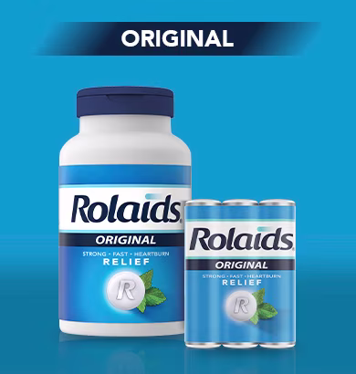 A bottle of Rolaids Original and on-the-go 3 roll mint chewable flavor tablets on blue background.