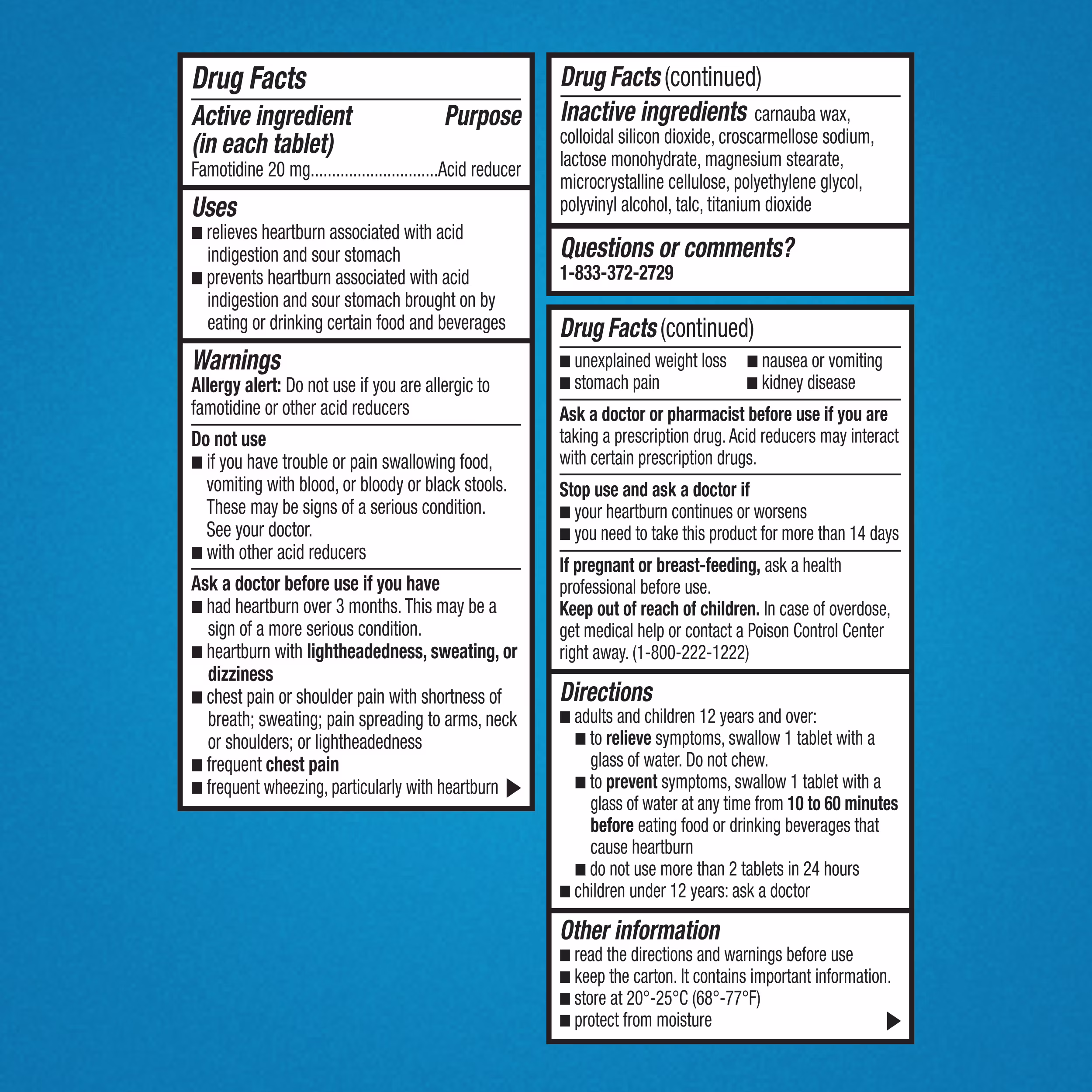 Drug Facts label for Famotidine 20mg acid reducer tablets, showing uses, warnings, directions, and inactive ingredients.