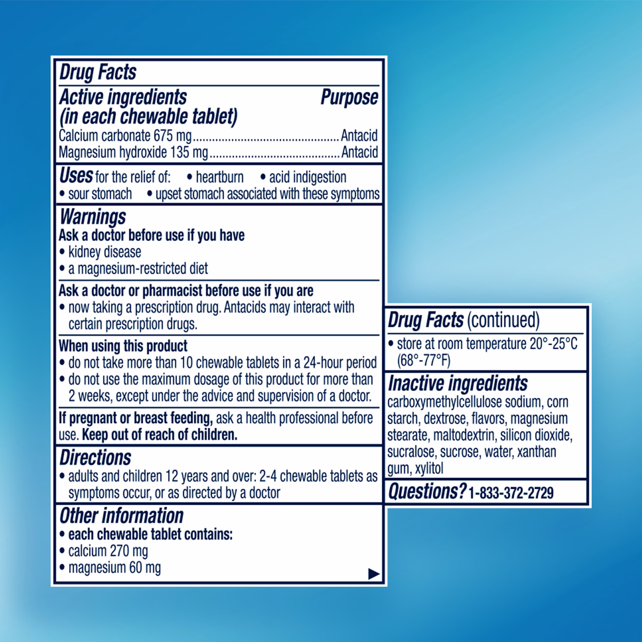 Rolaids Original Drug Facts panel displaying active ingredients, uses, warnings, directions, and inactive ingredients.