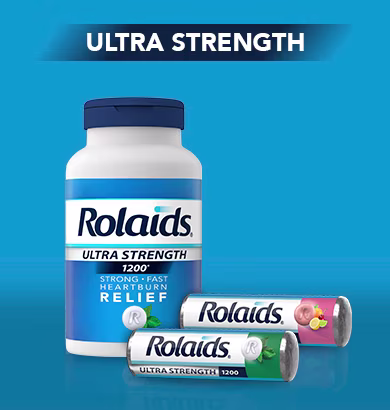 A bottle of Rolaids Ultra Strength mint, 2 on-the-go 3 roll of mint and mixed fruit flavor on blue background.