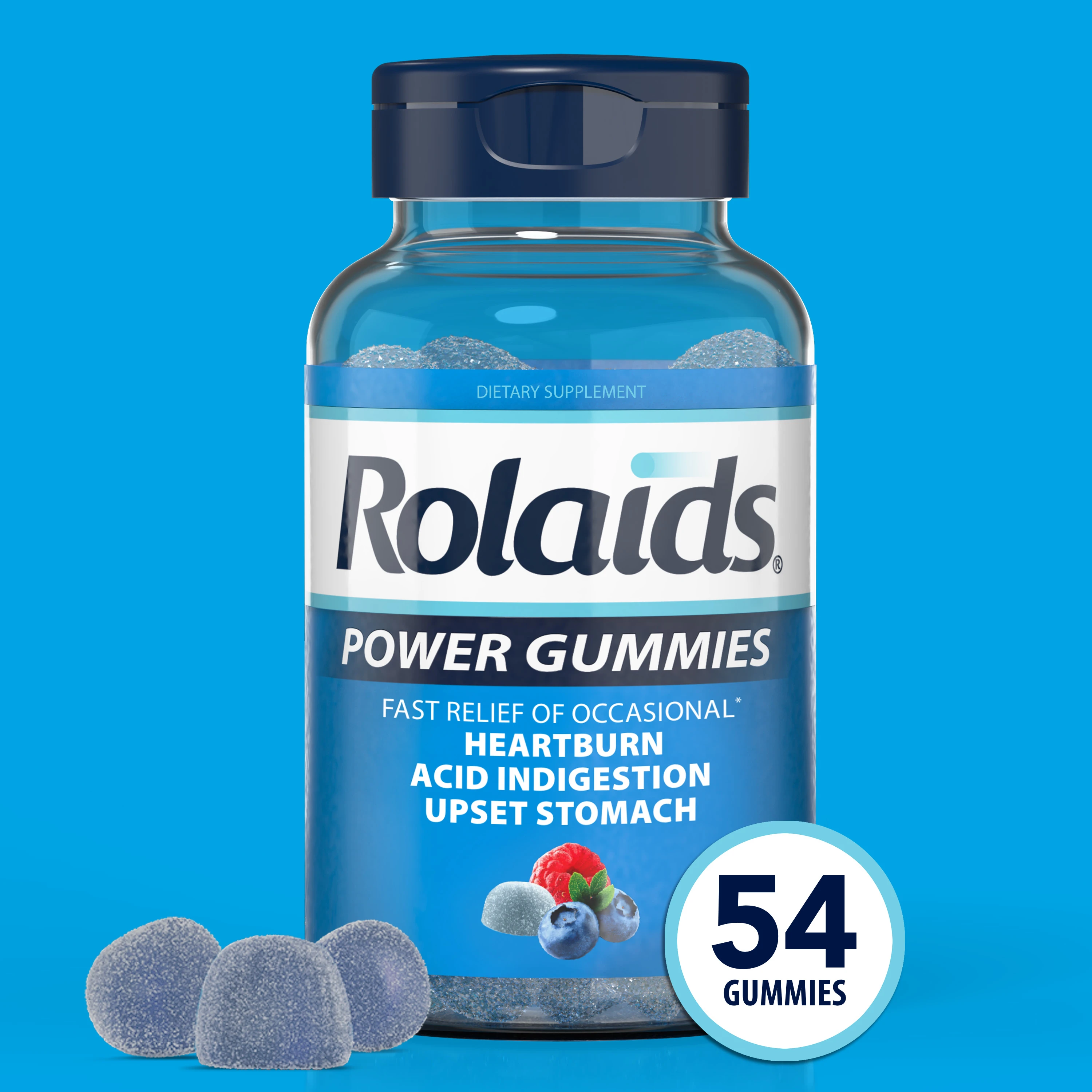 A bottle of Rolaids Power Gummies, 3 purple gummies places next to the bottle and text "54 gummies" in a white circle with light blue outline on blue background.
