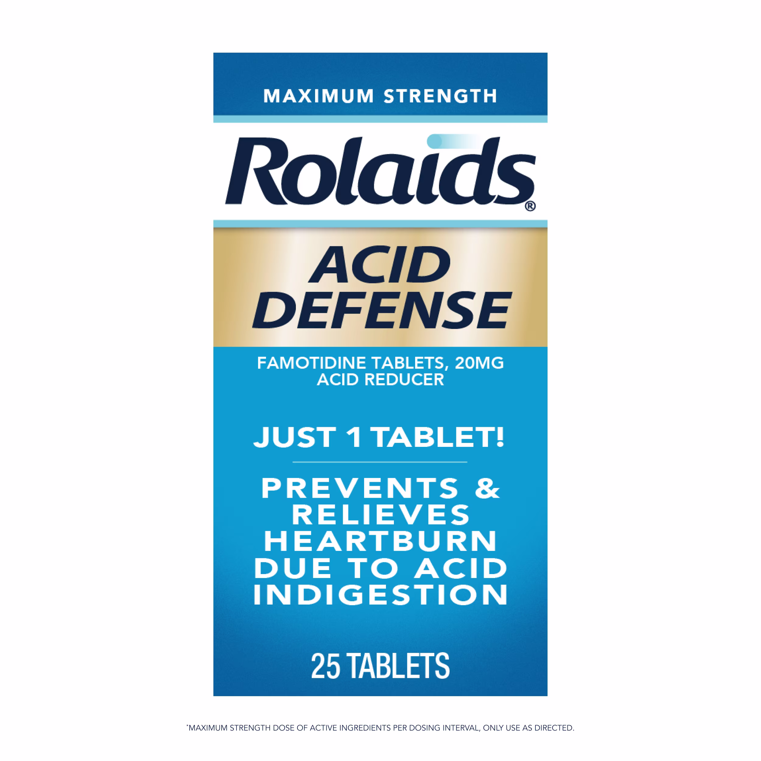 Rolaids Maximum Strength Acid Defense box, blue and gold, 20mg Famotidine tablets, prevents heartburn, 25 count.