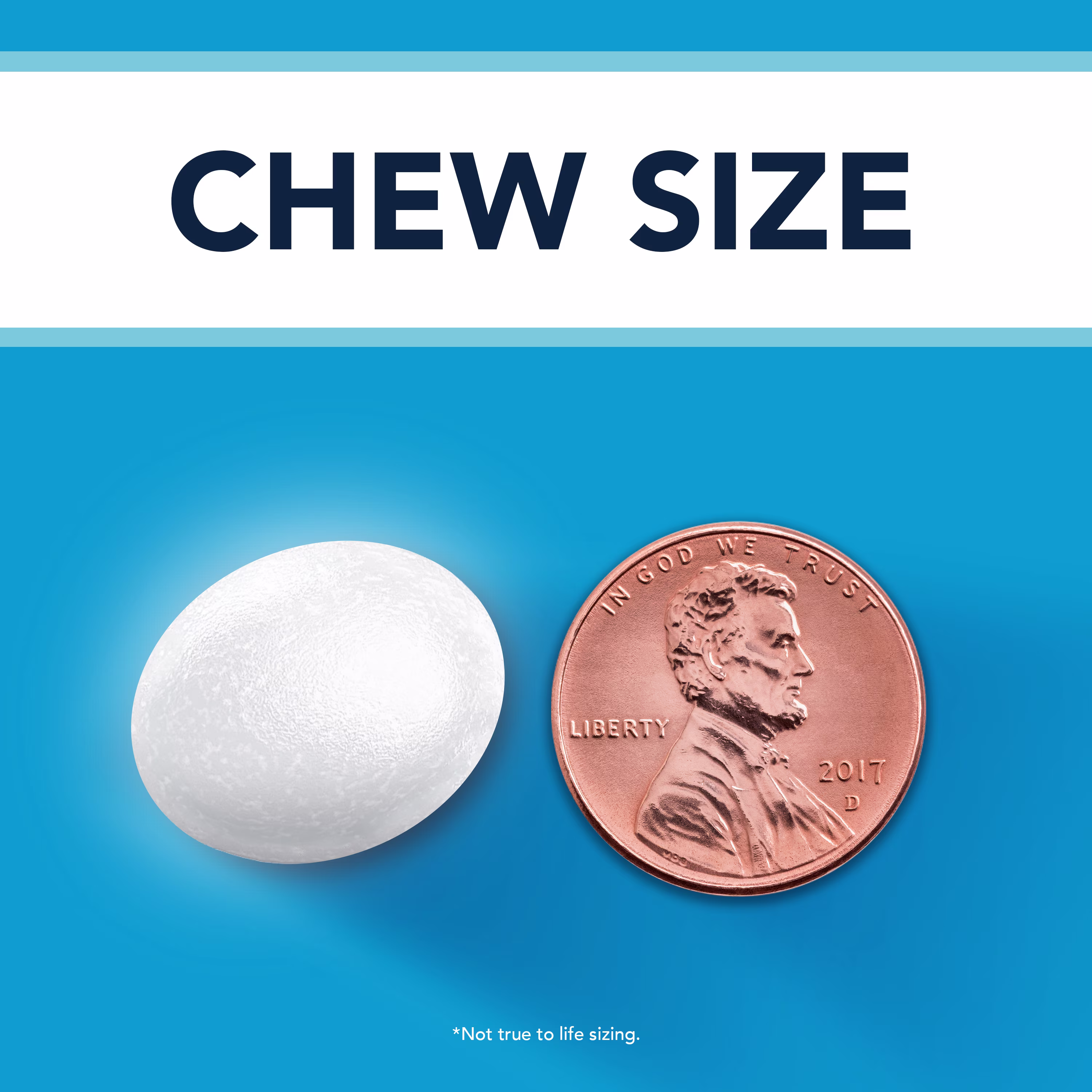 Text on white background "Chew Size" and a white lozenge and an American penny on blue background.