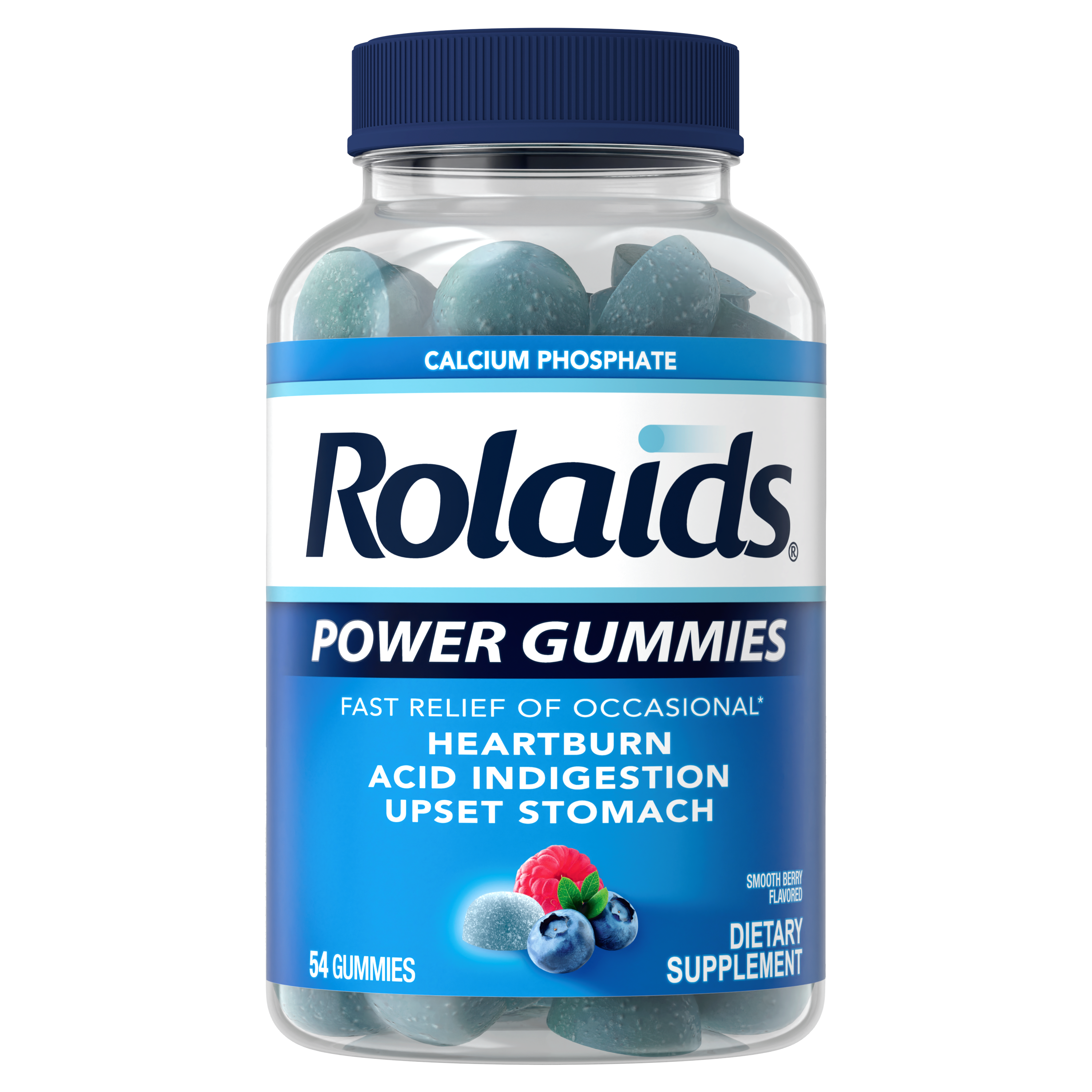 A bottle of 54 count Rolaids Power Gummies Smooth Berry flavoured on white background.