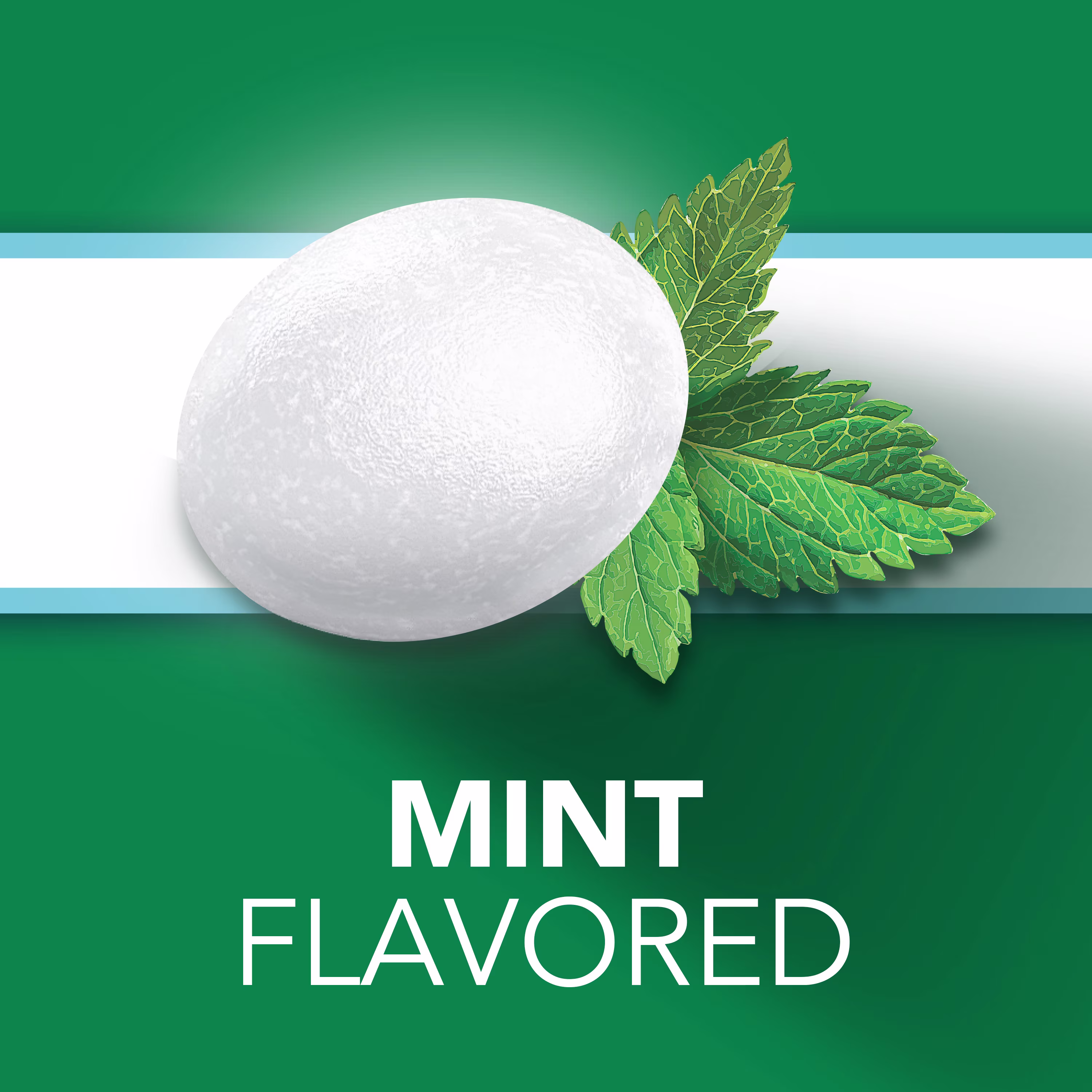 White lozenges with mint leaves next to it on white background and text "Mint Flavored" on green background.