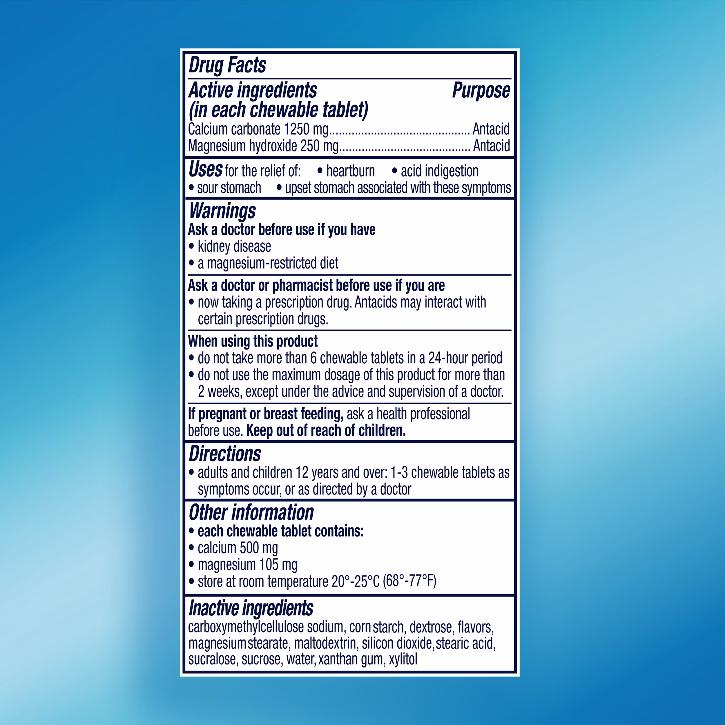 A vertical Rolaids "Drug Facts" label containing sections for active ingredients, uses, warnings, directions, other safety information, and inactive ingredients, presented against a blue gradient background.