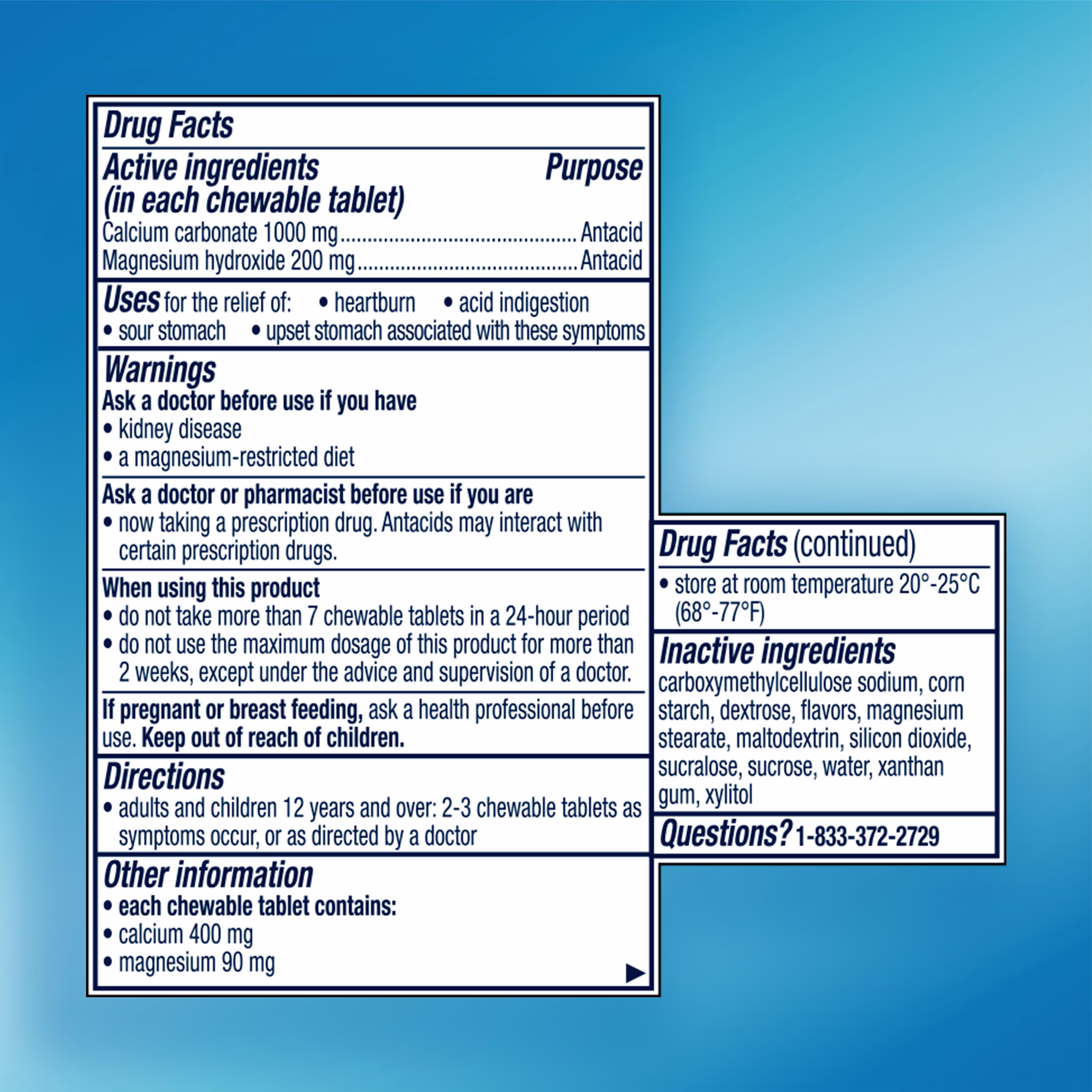 Complete Drug Facts label for Rolaids Ultra Strength chewable tablets, detailing active ingredients, uses, warnings, directions, and inactive ingredients.