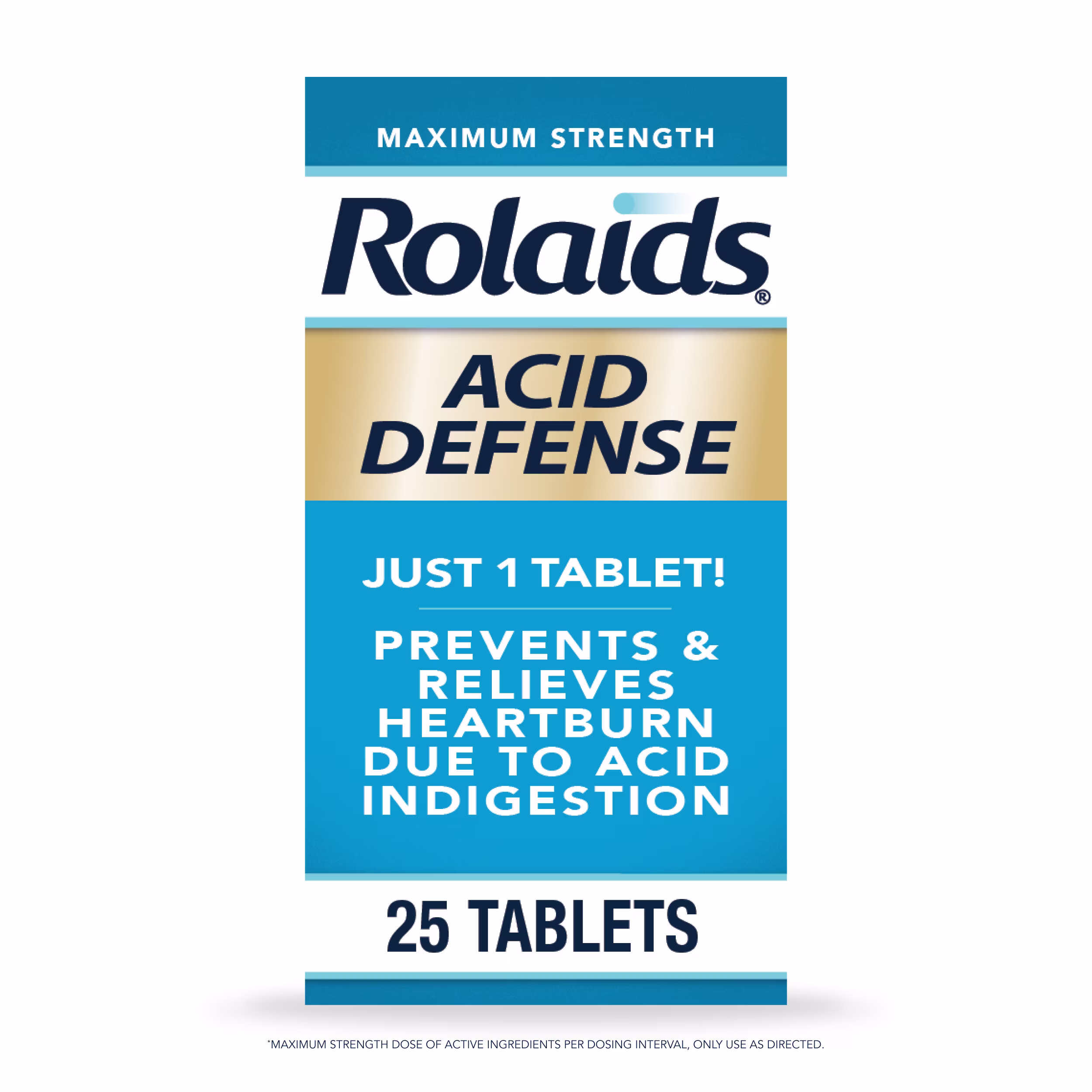 Rolaids Maximum Strength Acid Defense antacid box, blue and gold, 25 tablets, prevents and relieves heartburn.