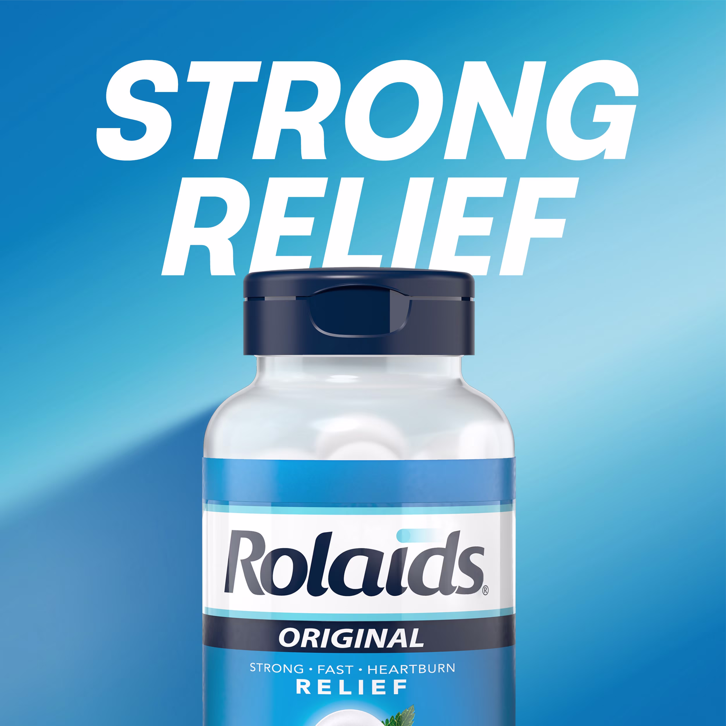Close-up of a Rolaids Original bottle under large white text reading "Strong Relief."