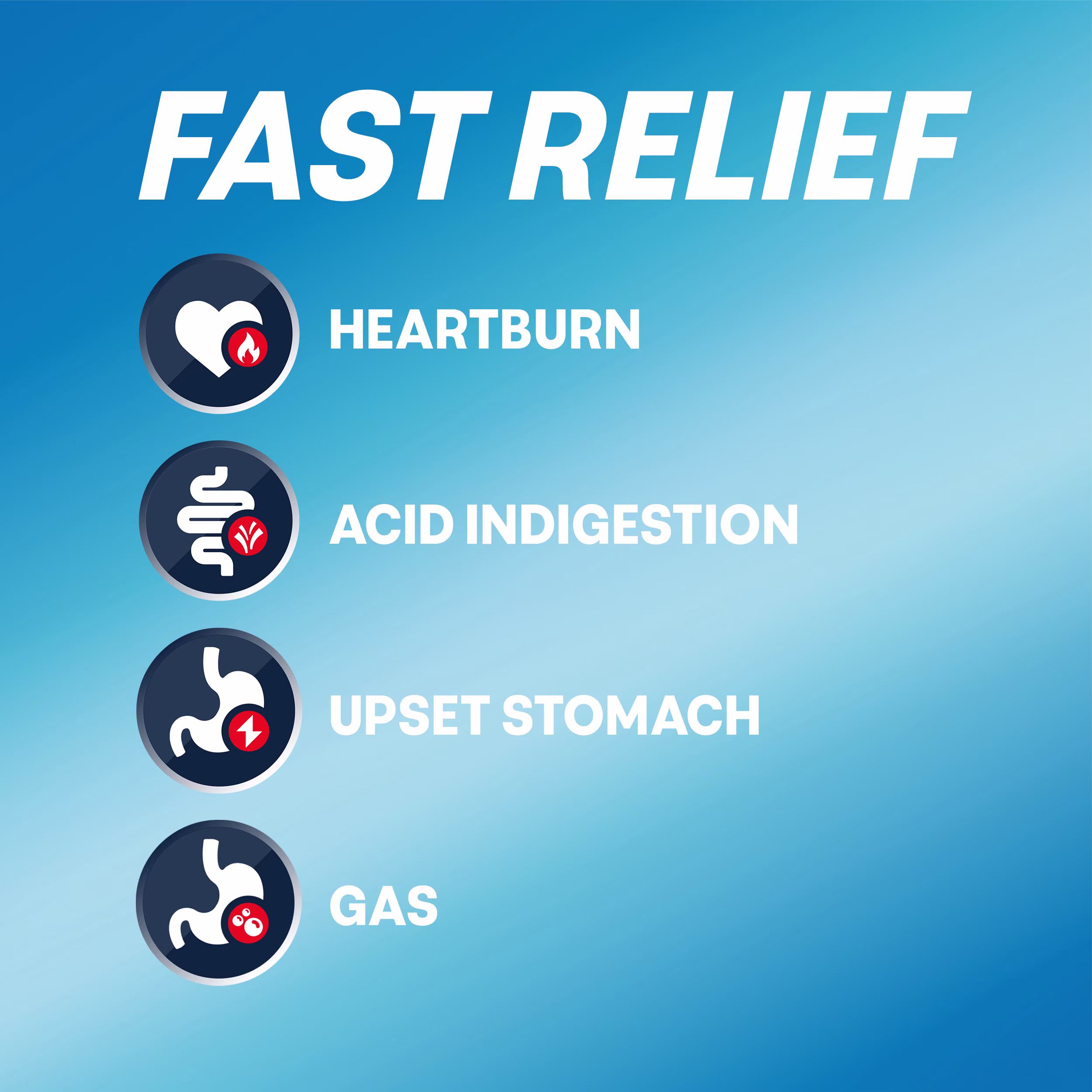 Graphic under the headline "FAST RELIEF" listing four symptoms—HEARTBURN, ACID INDIGESTION, UPSET STOMACH, and GAS—each with a corresponding medical icon on a blue background.