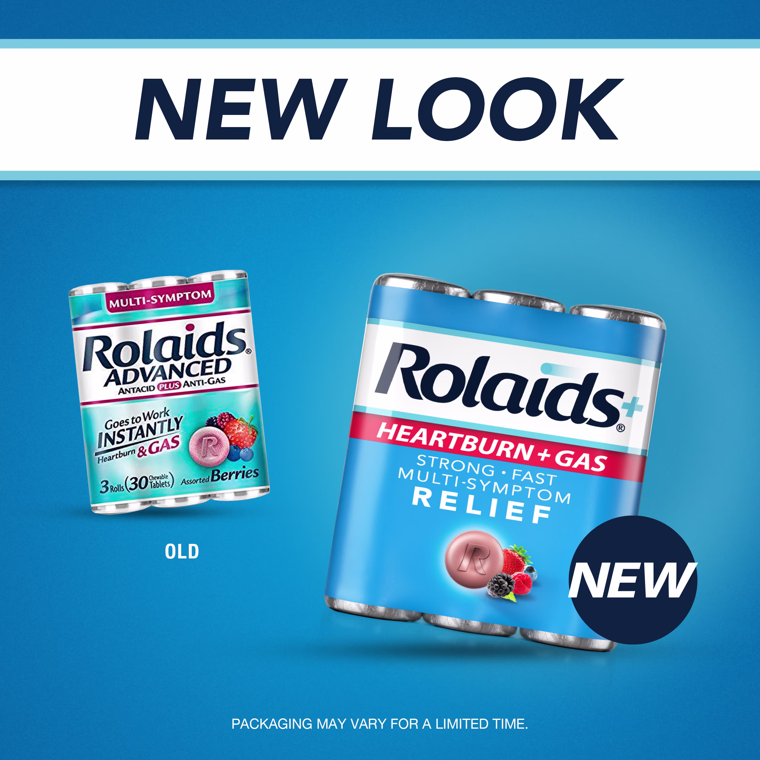Rolaids® Heartburn + Gas, Assorted Berry, Heartburn And Gas Relief 3 X 10 OLD VS New packs with text "New Look"