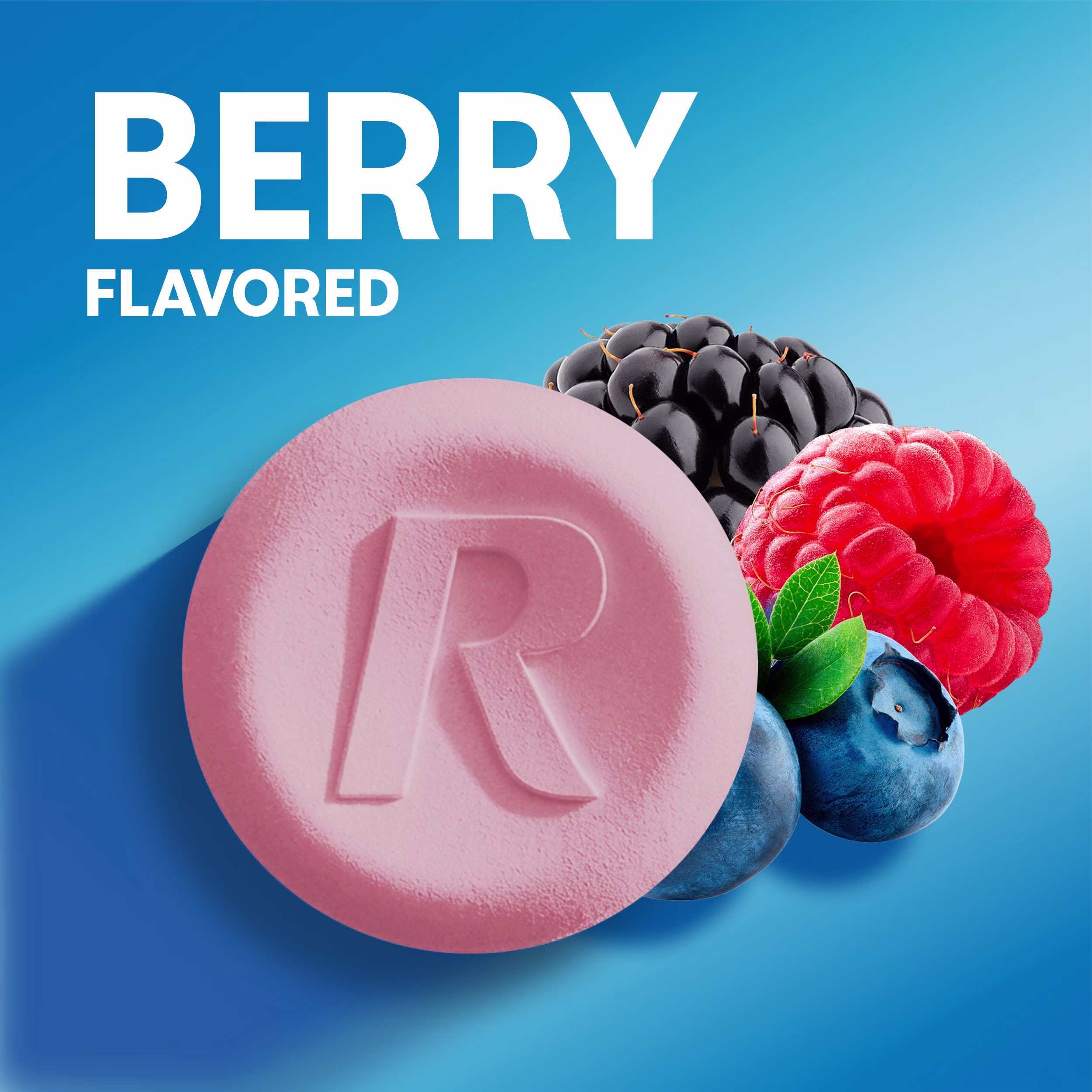 Graphic reading "BERRY FLAVORED" showing a large pink chewable tablet marked with an 'R' next to fresh blackberries, raspberries, and blueberries.