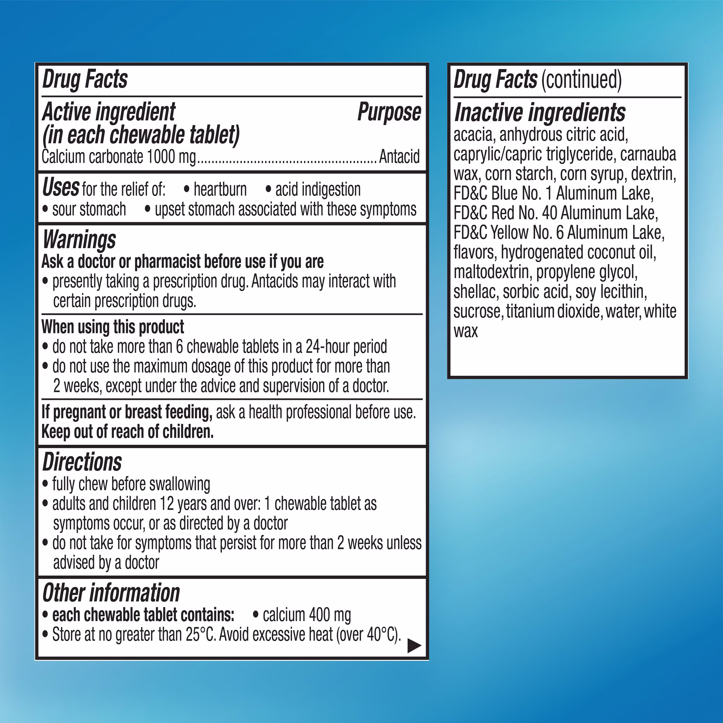 Drug facts label for Rolaids showing active ingredients, uses, warnings, directions, and inactive ingredients.