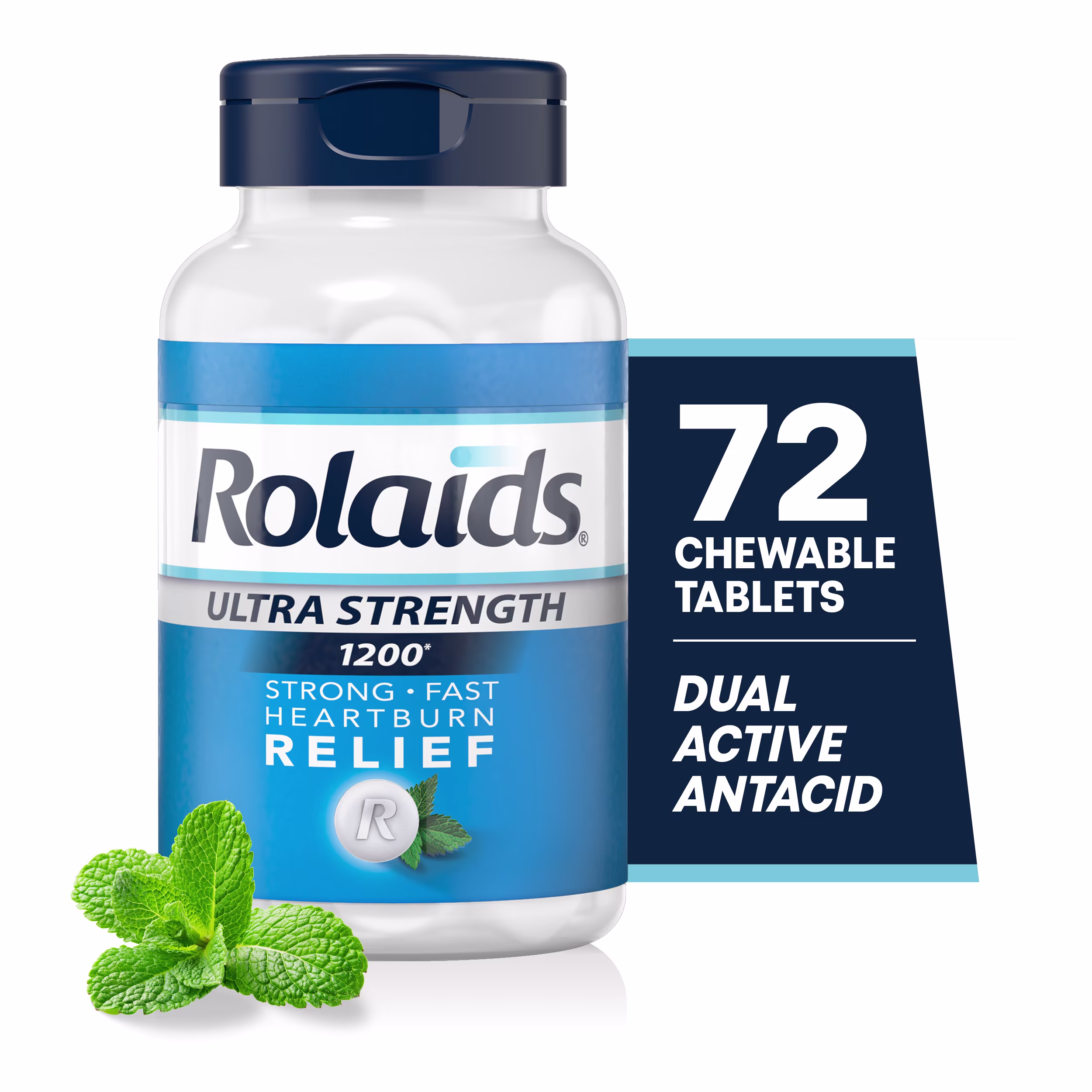 Rolaids Ultra Strength 1200 Mint bottle alongside fresh mint leaves and a side graphic stating "72 CHEWABLE TABLETS" and "DUAL ACTIVE ANTACID."