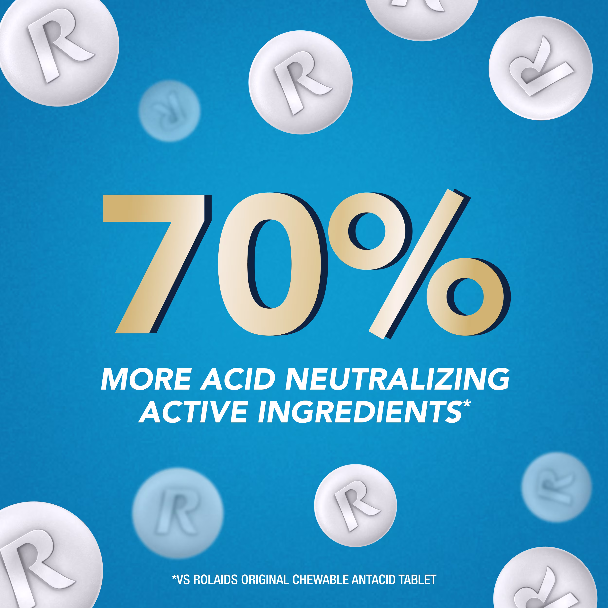 Rolaids tablets on blue background with bold text: 70% more acid neutralizing active ingredients vs original chewable antacid tablet.
