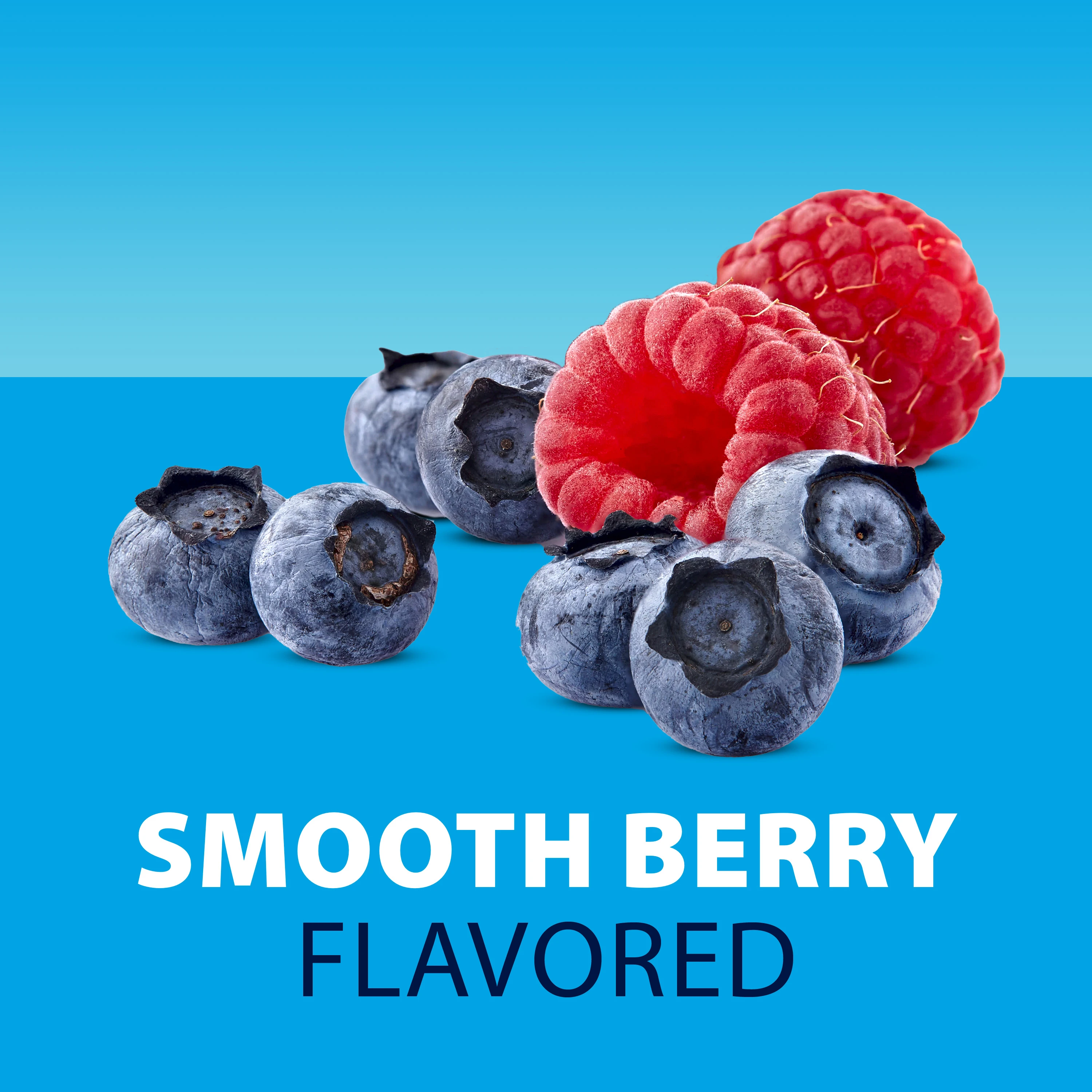 Blueberries and raspberries on a blue background and text "Smooth Berry Flavored" below.