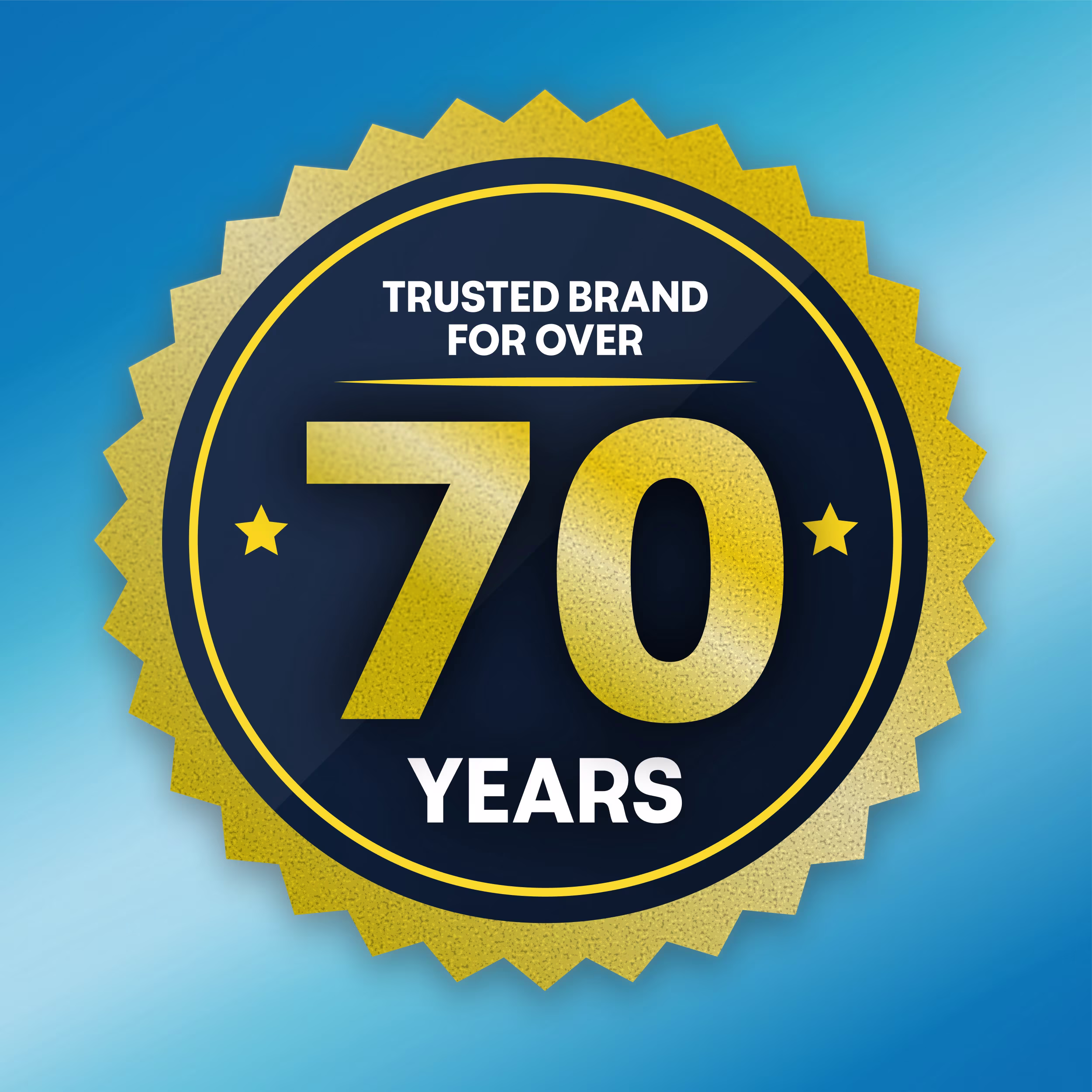 A circular gold seal graphic styled like a ribbon stamp on a blue background. Inside the dark blue center, bold white and gold text reads "TRUSTED BRAND FOR OVER 70 YEARS," flanked by two small gold stars on either side of the number 70.