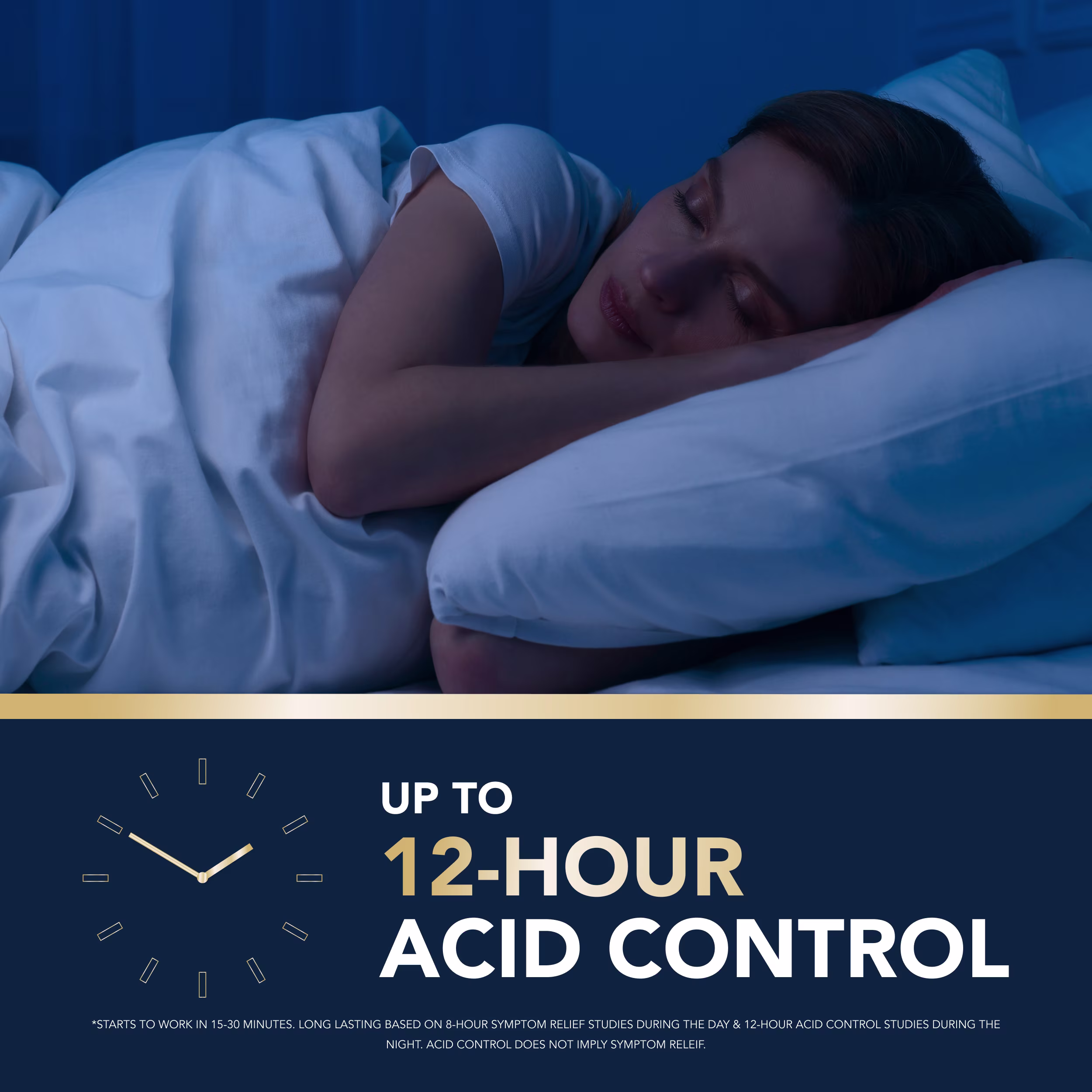 Woman sleeping peacefully in blue-lit bedroom above text reading "Up to 12-Hour Acid Control" with a clock graphic.