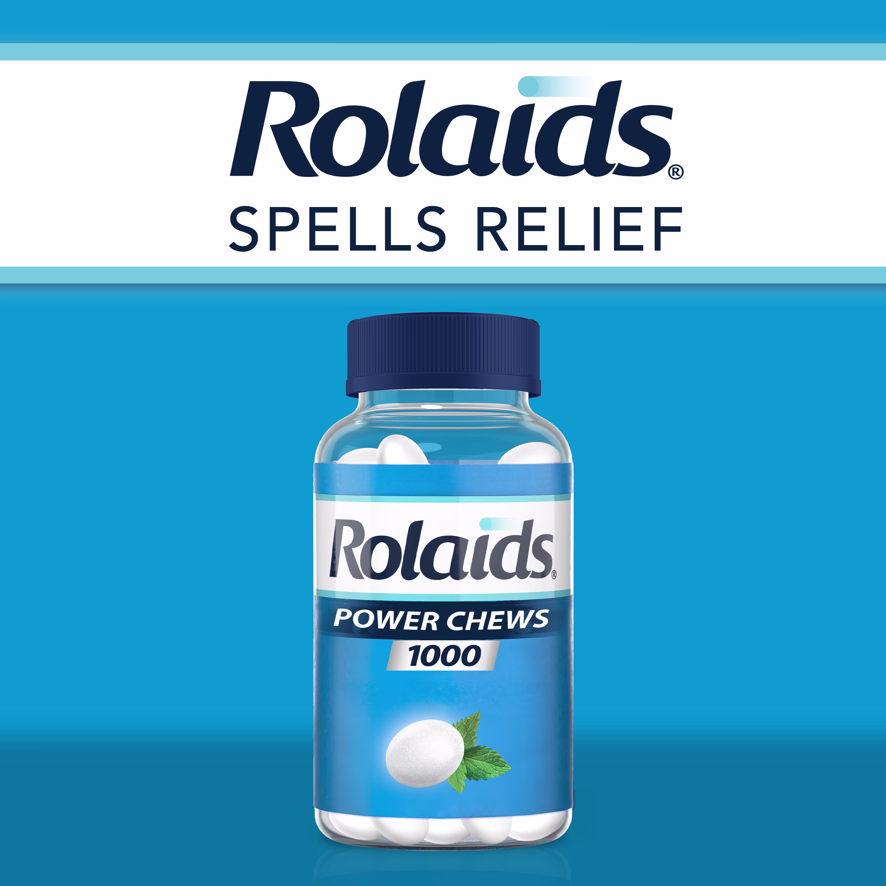Text on white background "Rolaids spells relief" and a bottle of Rolaids Power Chews Mint flavor on blue background.