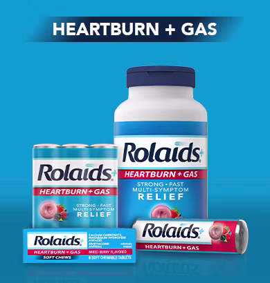 A bottle of Rolaids Heartburn + Gas and on-the-go rolls chewable tablets on blue background.