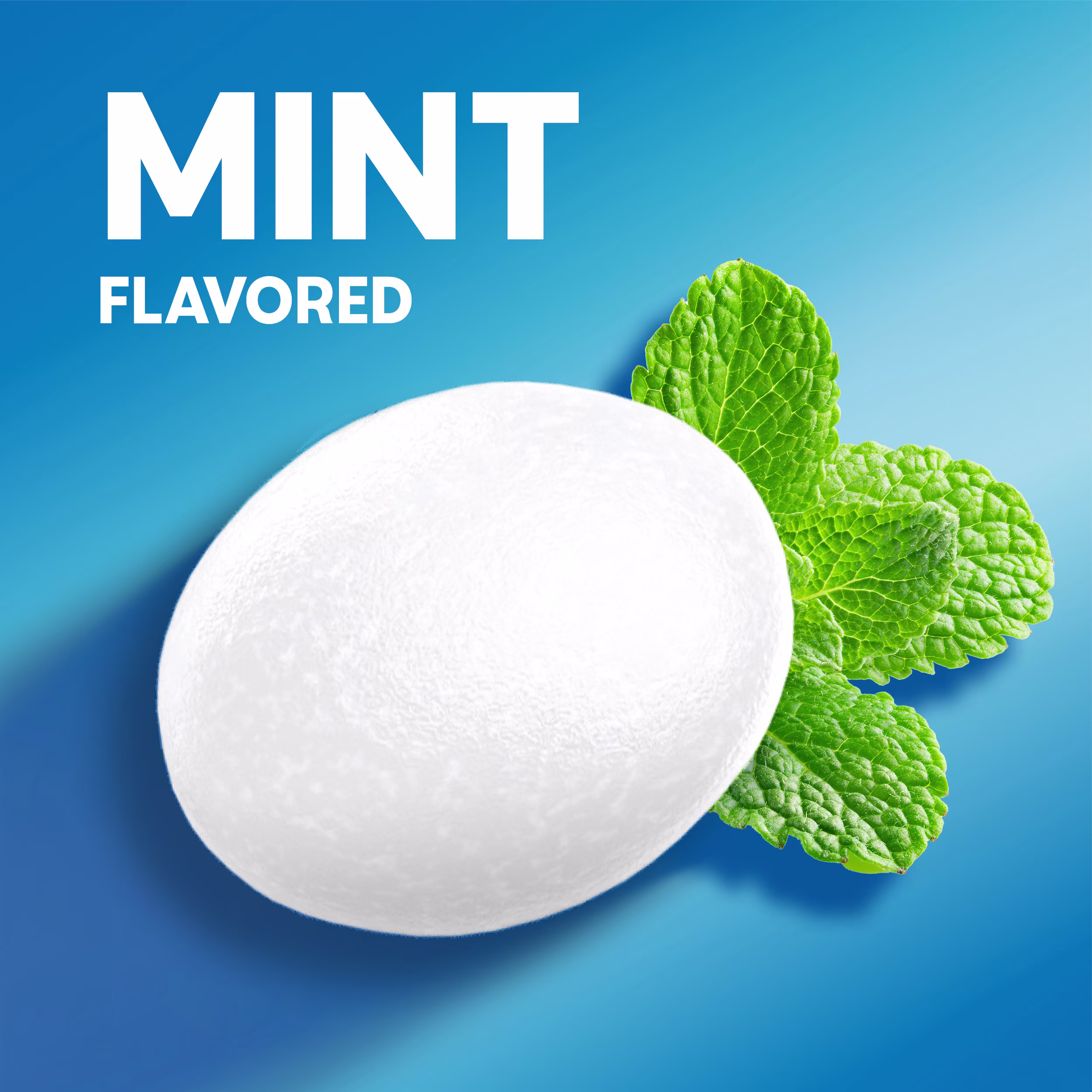 A white chewable tablet next to fresh green mint leaves with text reading "Mint Flavored."