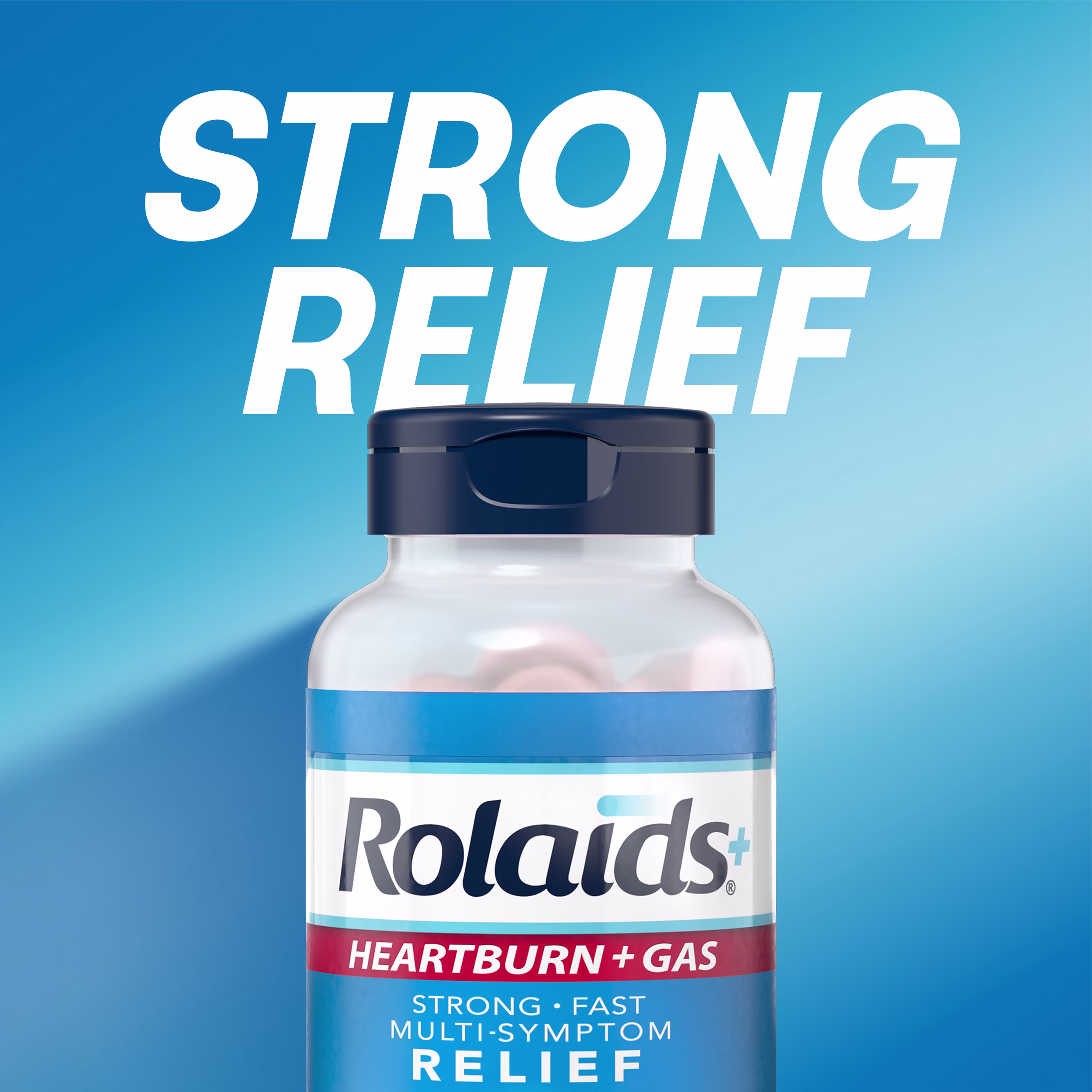 Rolaids Heartburn + Gas Maximum Strength Relief bottle against a blue gradient background with 'Strong Relief' text
