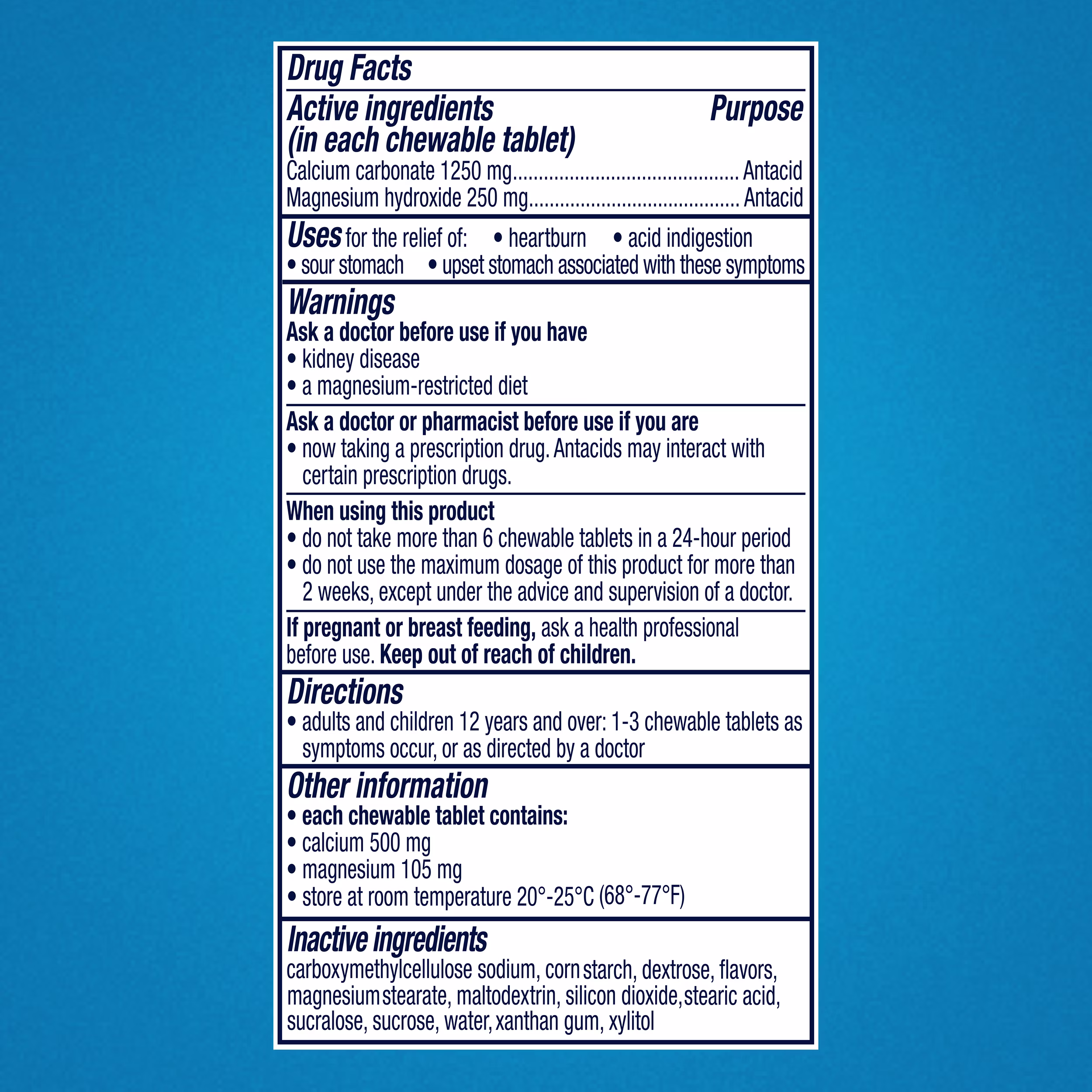 Drug Facts label for antacid chewable tablets with calcium carbonate and magnesium hydroxide, on a blue background.