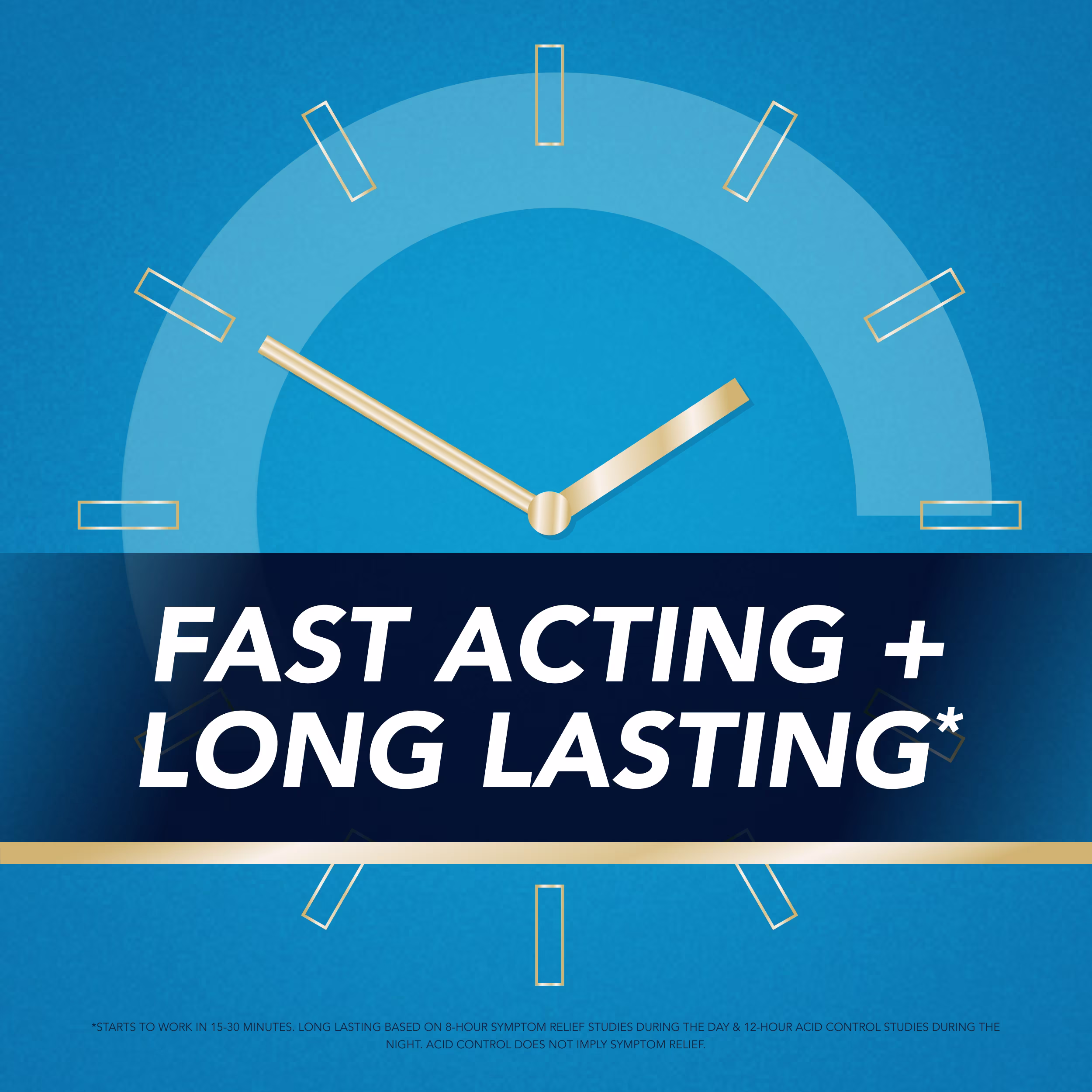 Blue graphic with a gold clock and text reading Fast Acting + Long Lasting, highlighting quick and extended relief benefits.