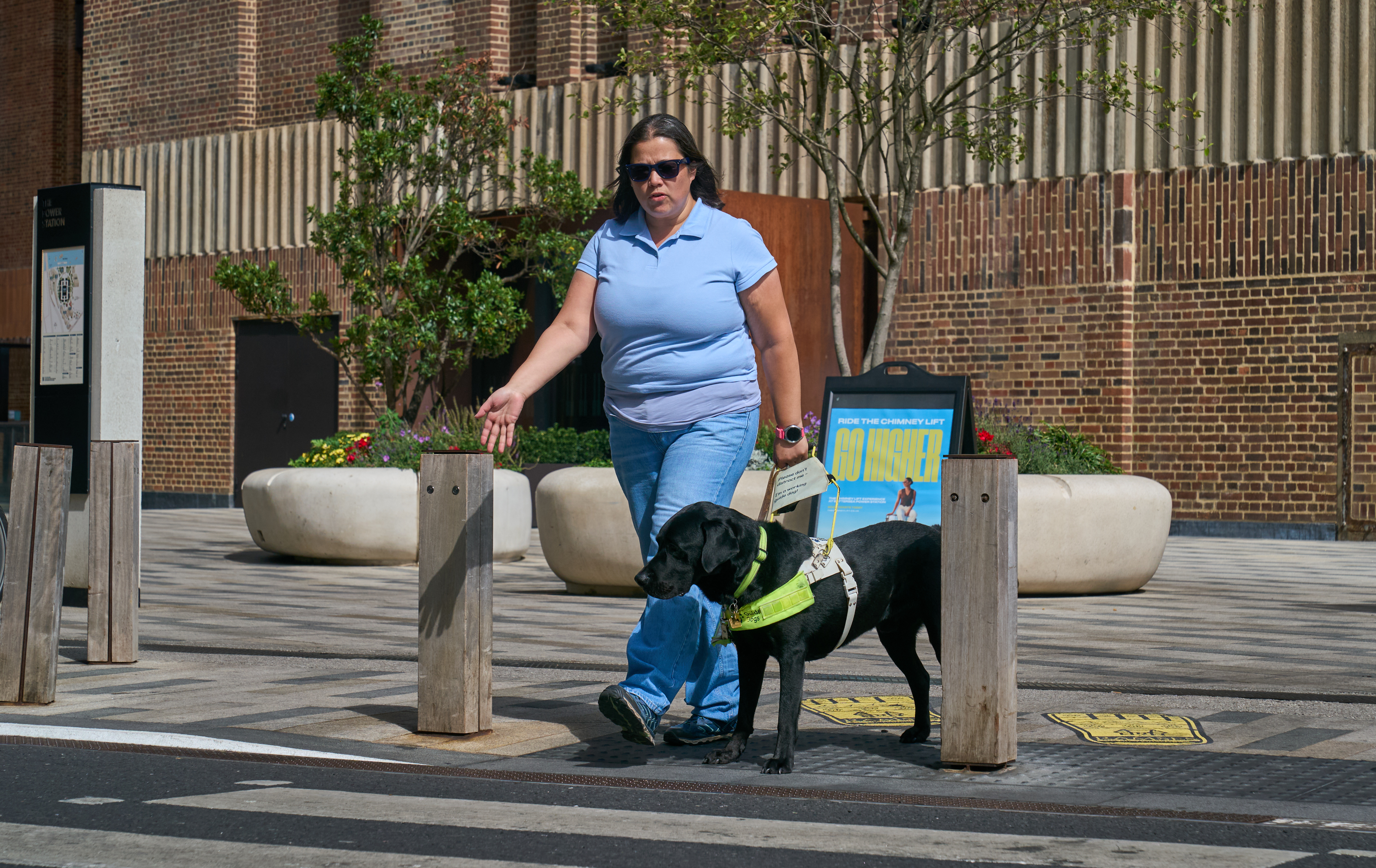 Kimberley and her black Lab guide dog Dalby begin to cross on a zebra crossing