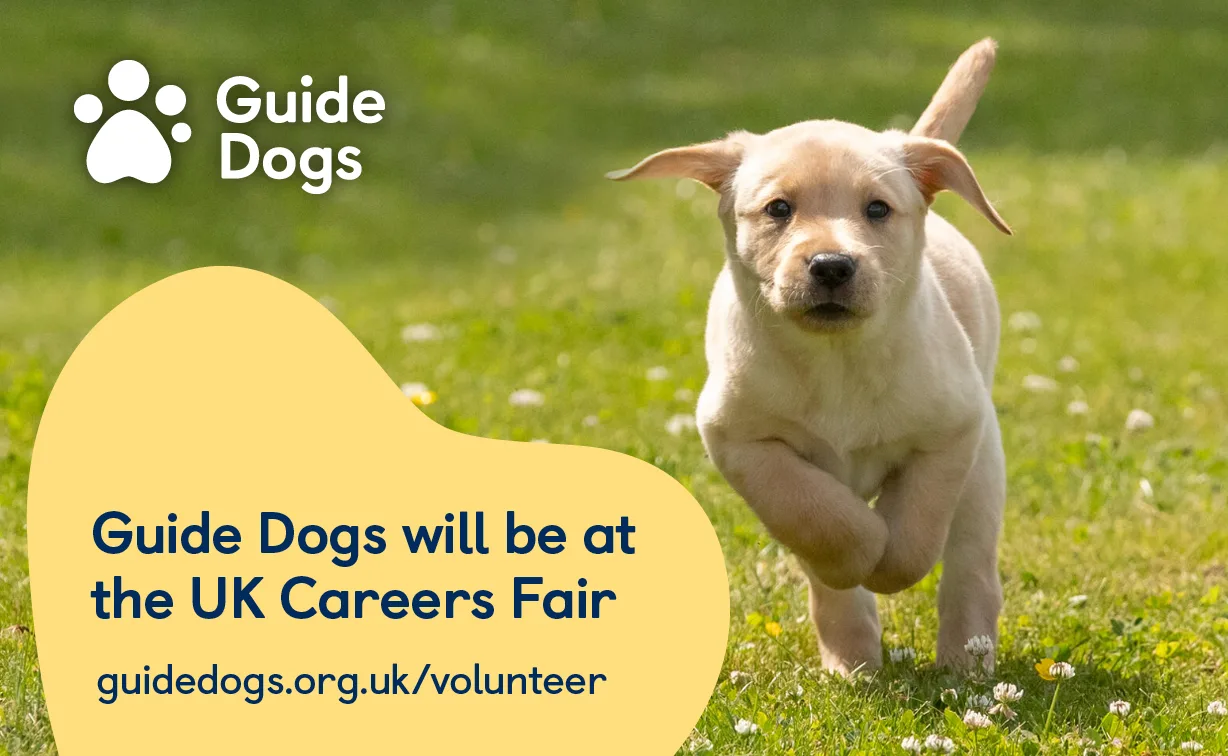 Image shows a Labrador puppy running in a field with text to highlight that Guide Dogs will be at the UK Careers Fair alongside a URL to find out more information on volunteering opportunities.  