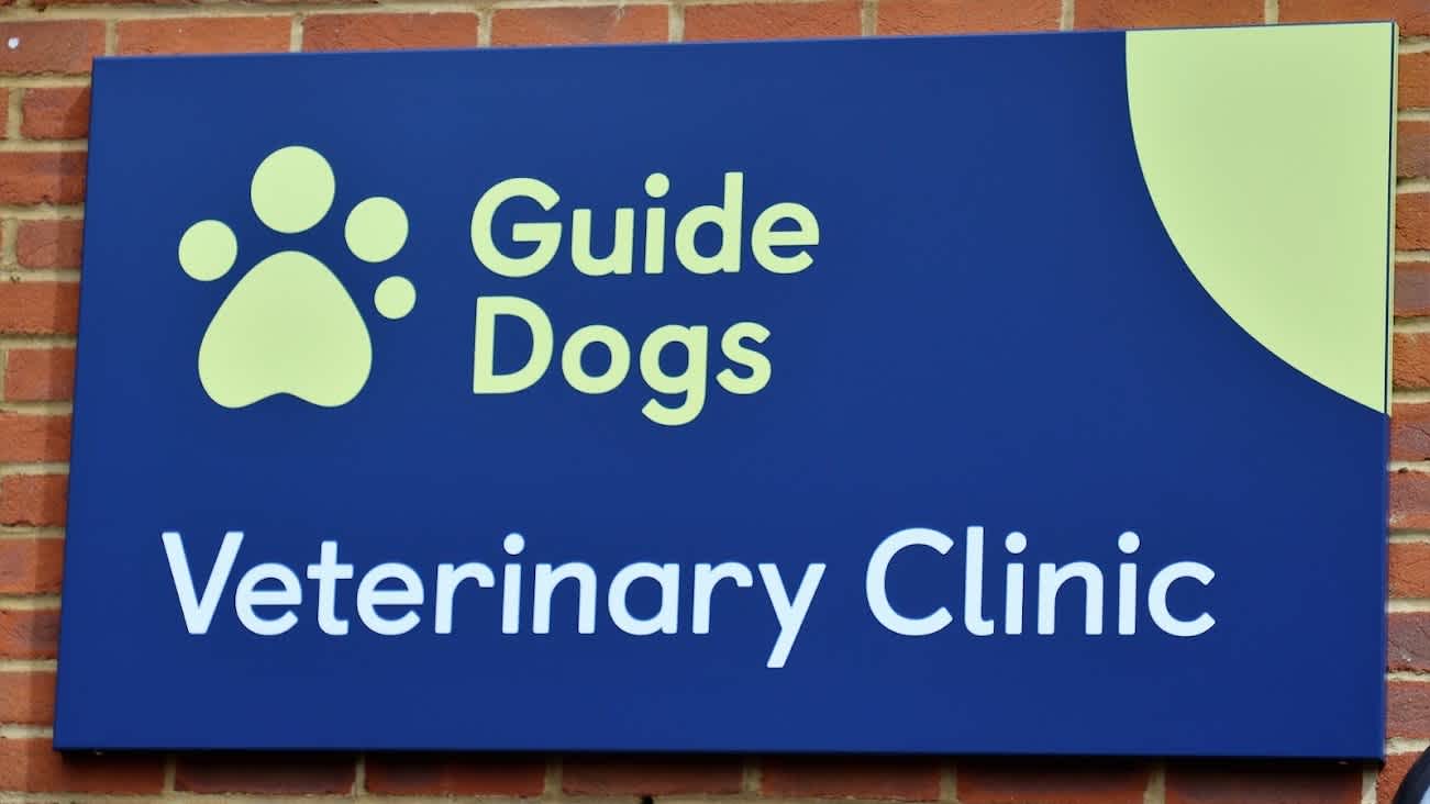 A close-up of the Guide Dogs Veterinary Clinic sign outside the Reading Hub
